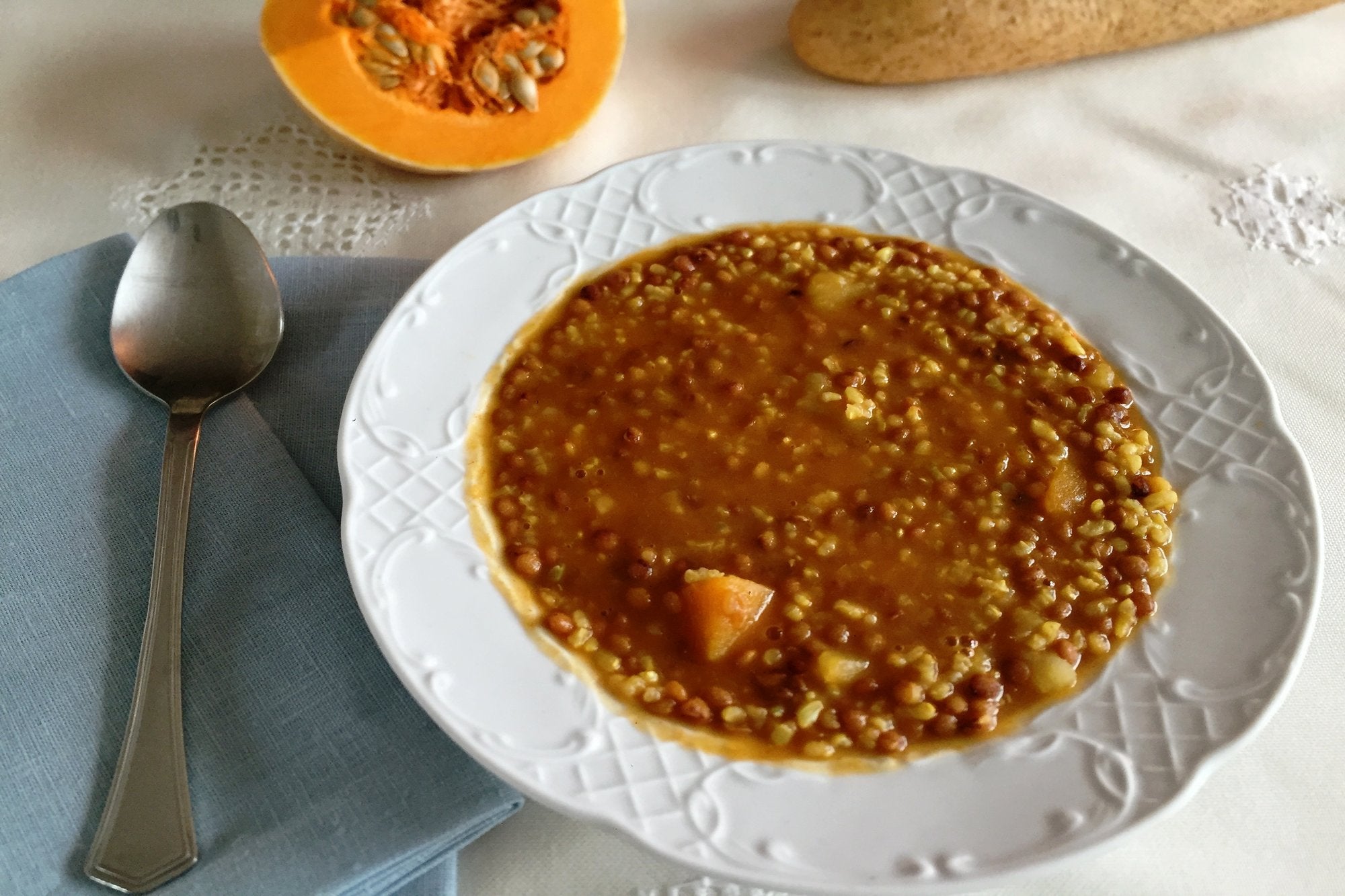 Lentejas con arroz integral y calabaza