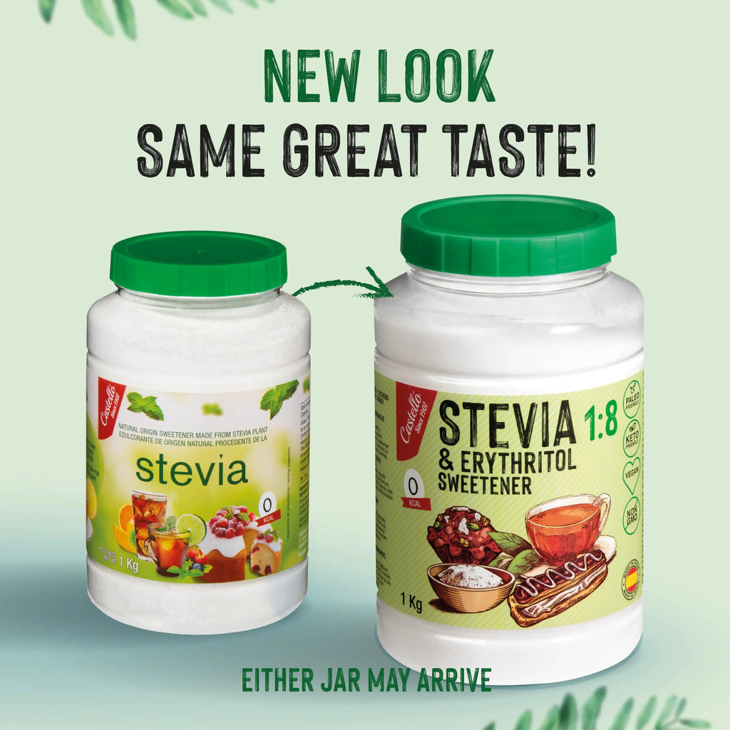 Comparativa del diseño antiguo y nuevo del bote de Stevia y Eritritol 1:8 Castelló de 1 kg.