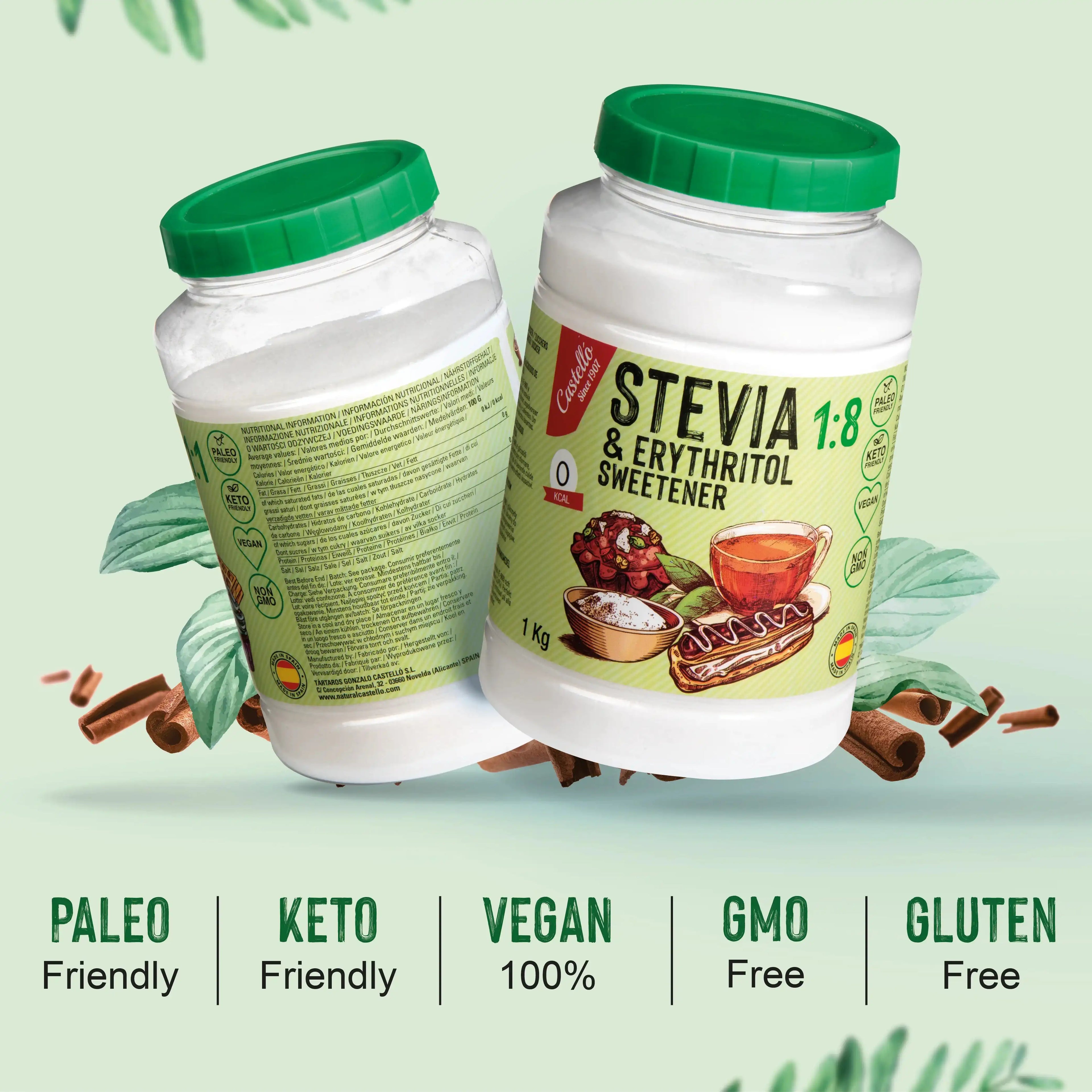Edulcorante Stevia y Eritritol 1:8 Castelló de 1 kg, apto para dietas paleo, keto, vegana y sin gluten.