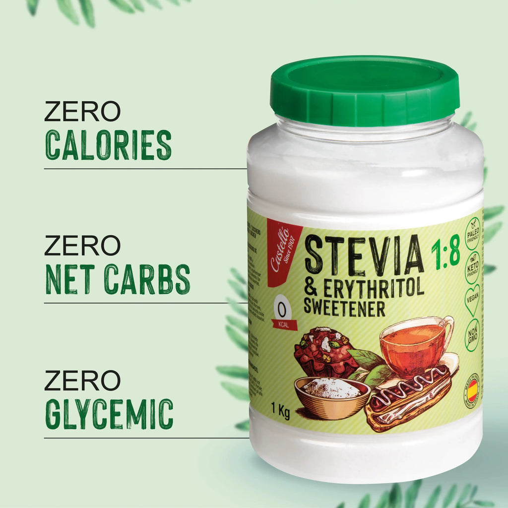 Infografía de edulcorante Stevia 1:8 marca Castelló en bote de 1 kg con especificaciones nutricionales zero.