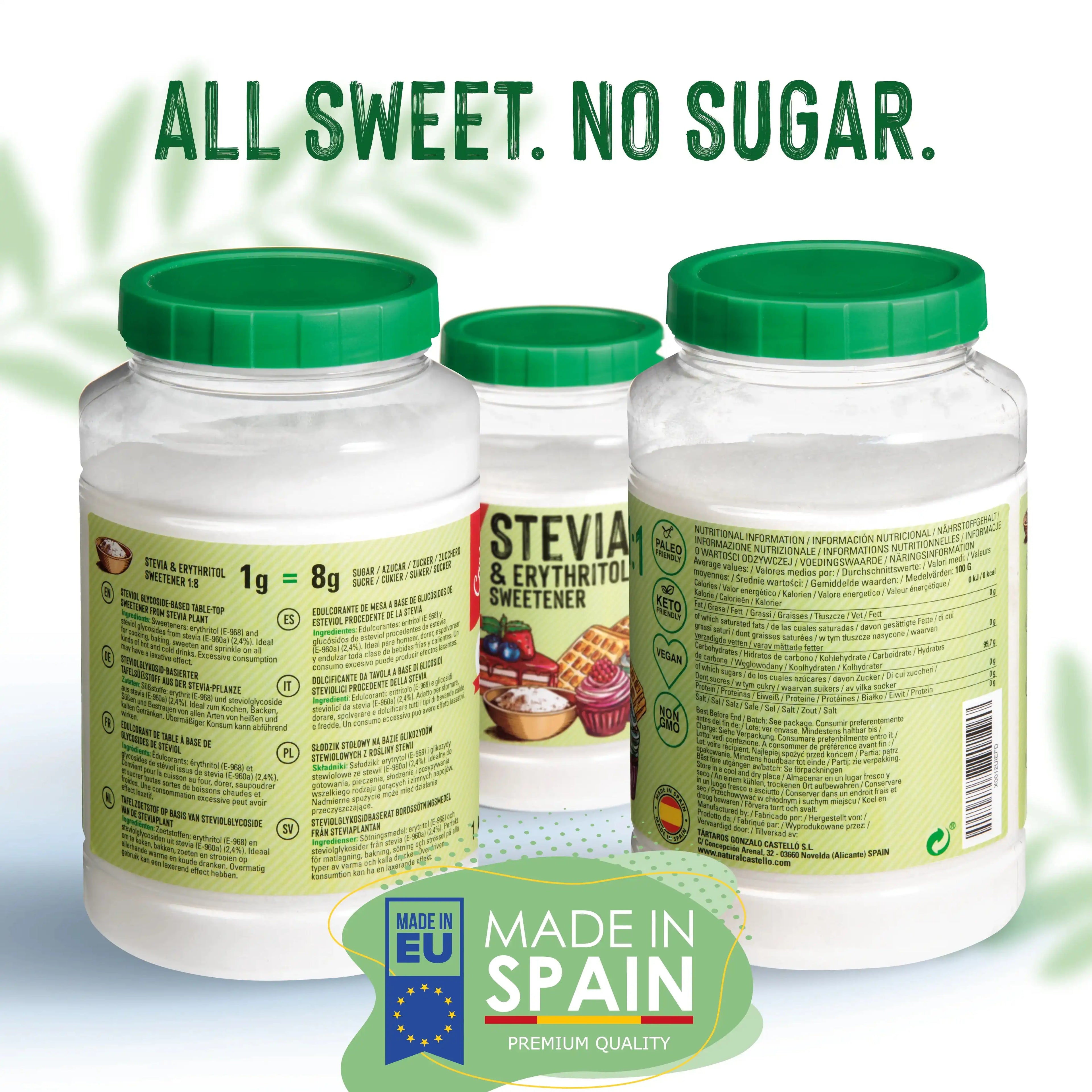 Vista de los botes de Stevia y Eritritol Castelló mostrando la equivalencia de 1g por 8g de azúcar y el sello de fabricación en España.