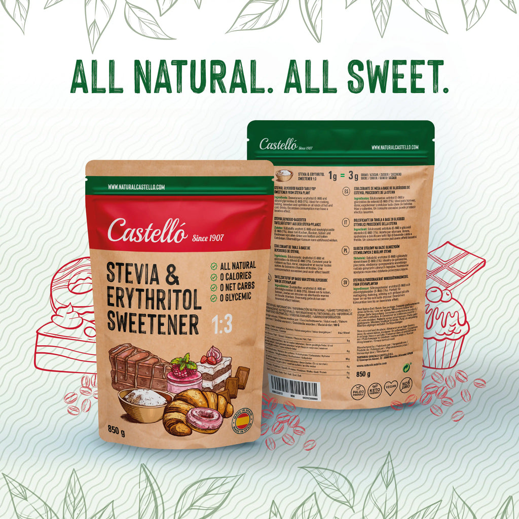 Vista frontal y trasera del envase doypack de Stevia y Eritritol 1:3 Castelló bajo el lema All natural All sweet.

