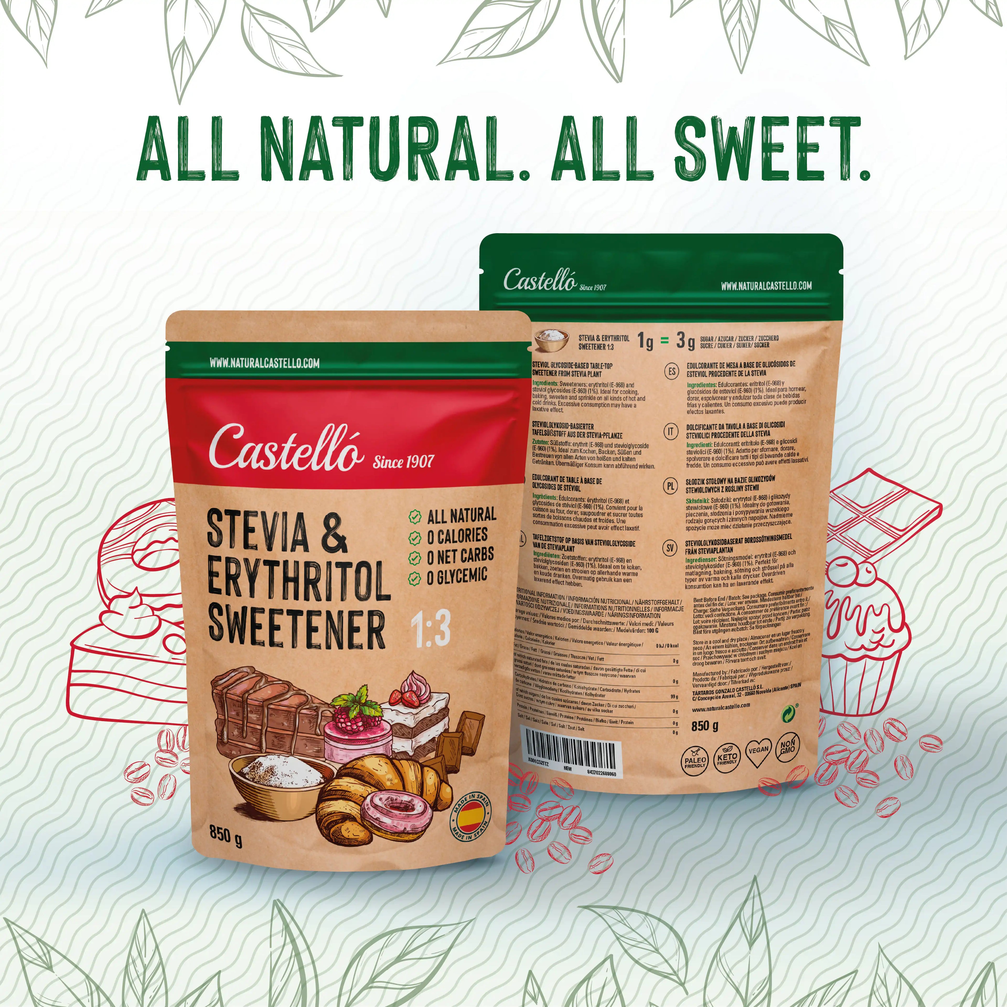 Vista frontal y trasera del envase doypack de Stevia y Eritritol 1:3 Castelló bajo el lema All natural All sweet.
