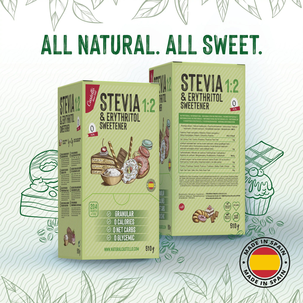 Cajas de edulcorante en sobres Stevia y Eritritol 1:2 marca Castelló bajo el lema All natural All sweet.