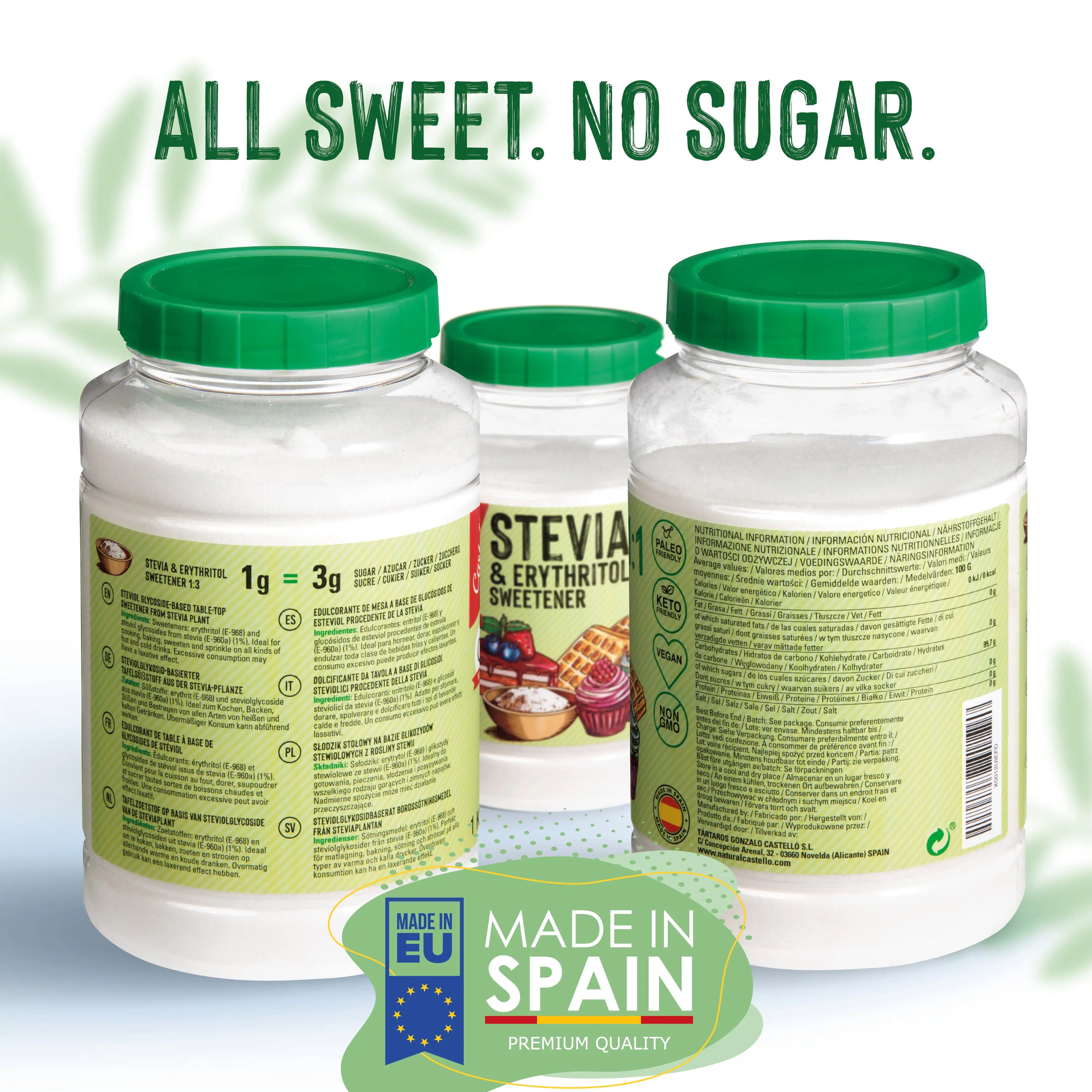Vista de los botes de Stevia y Eritritol Castelló mostrando la tabla nutricional y la equivalencia de un gramo por tres de azúcar.