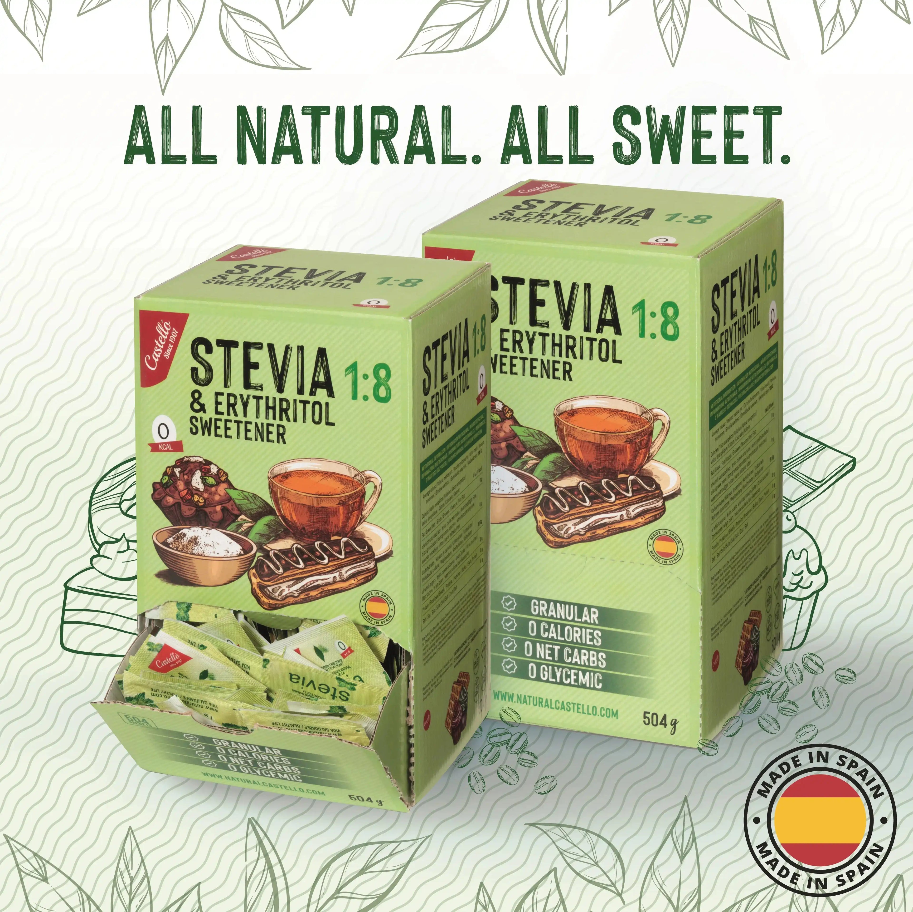 Banner promocional de Stevia 1:8 marca Castelló mostrando dos cajas de 504g en formato dispensador bajo el lema All natural All sweet.