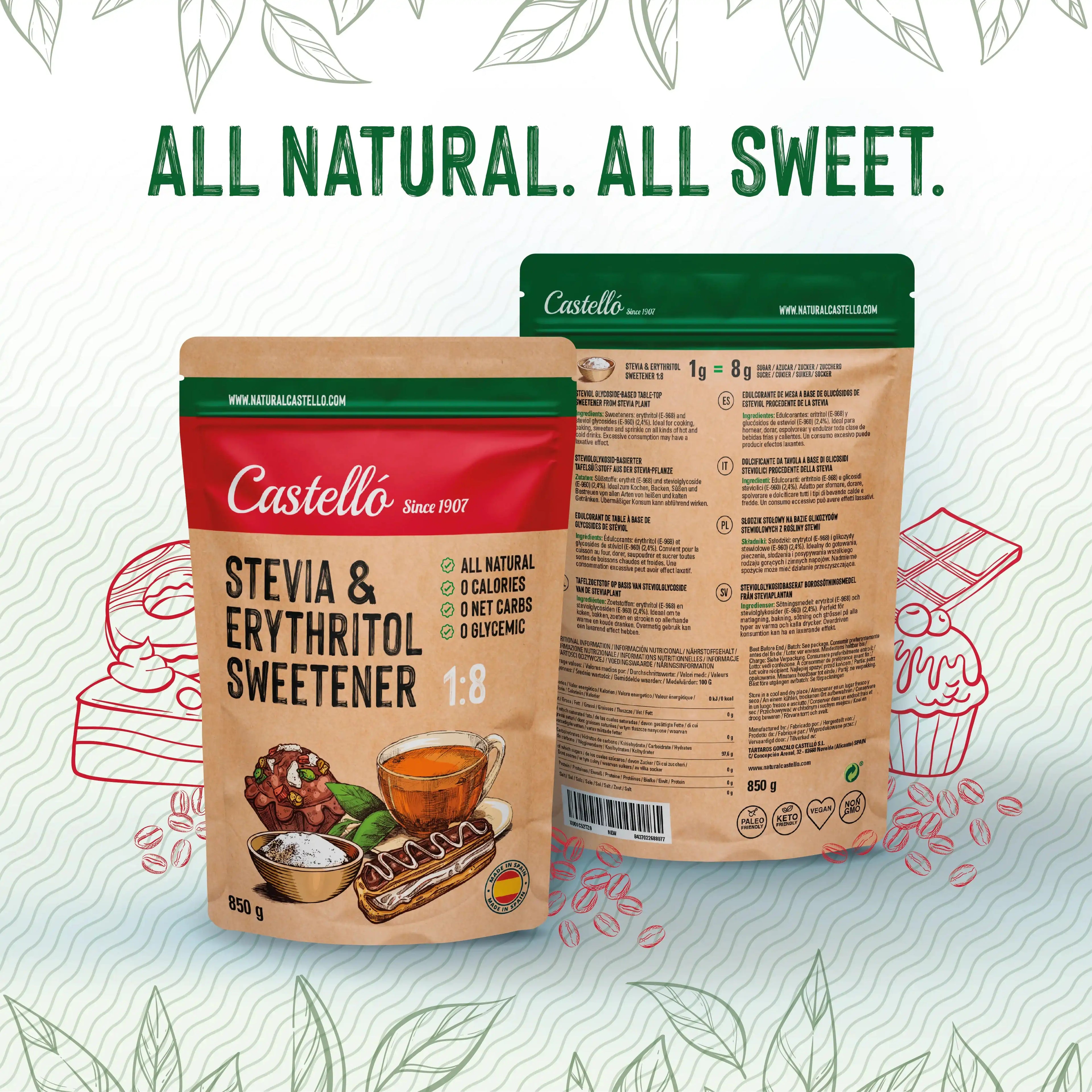 Bolsas de 850g de edulcorante Stevia y Eritritol 1:8 de la marca Castelló.