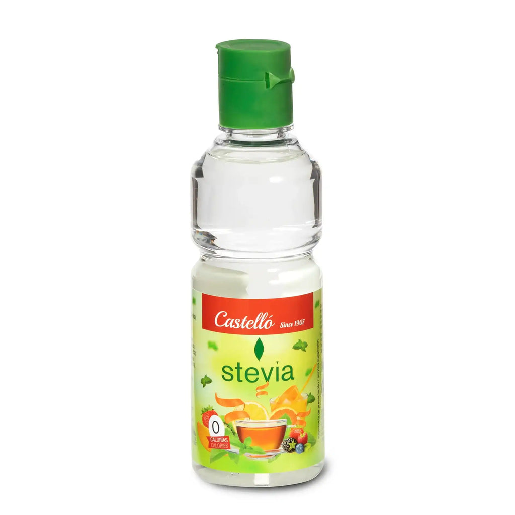 Édulcorant liquide Castelló Stevia en bouteille transparente de 125 ml avec bouchon vert, idéal comme édulcorant naturel sans calories pour remplacer le sucre dans les boissons et desserts, photographié sur fond blanc isolé.
