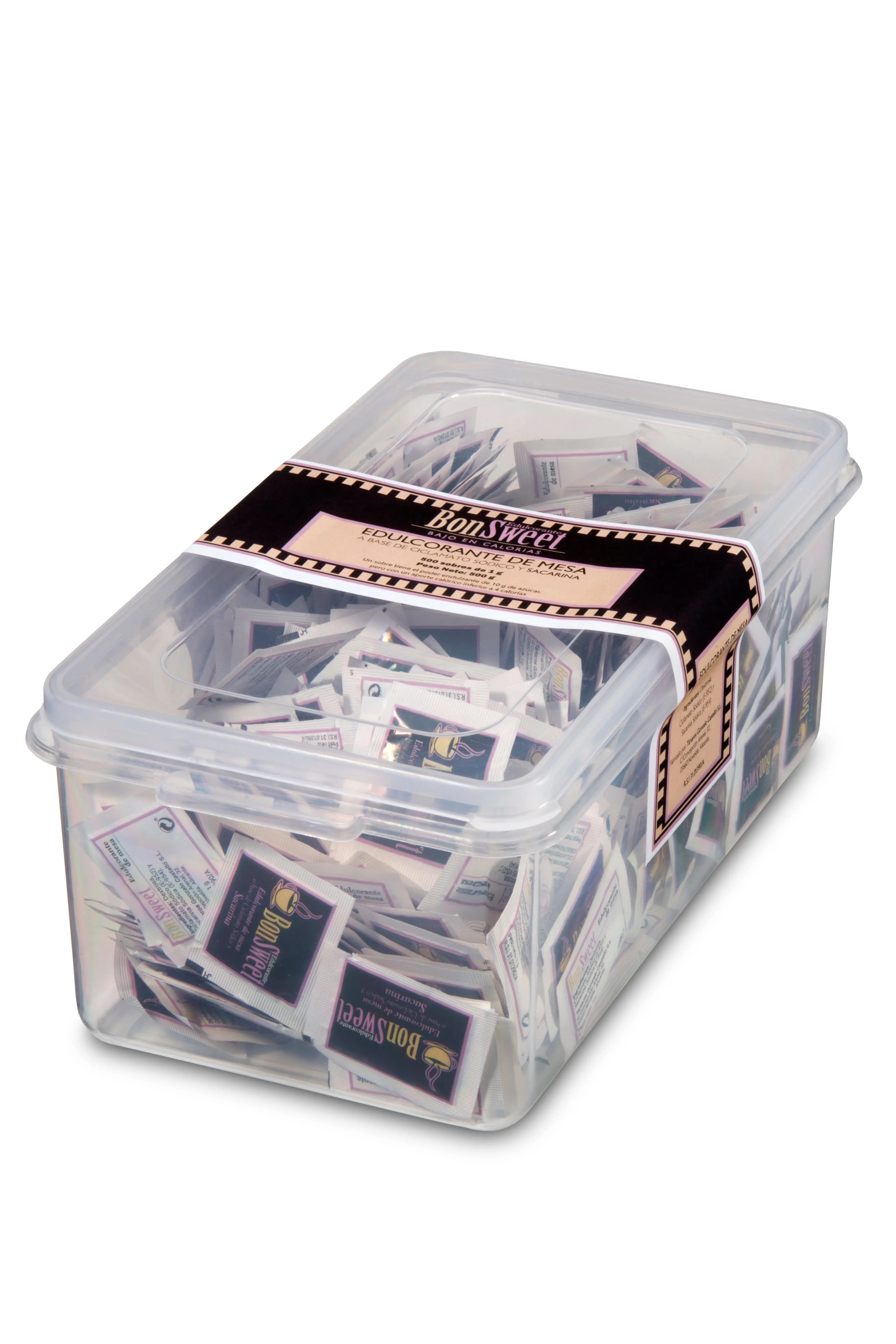 Caja de plástico transparente con sobres individuales de edulcorante BonSweet Sacarina, formato ahorro ideal para cafeterías, restaurantes y hostelería como alternativa al azúcar.