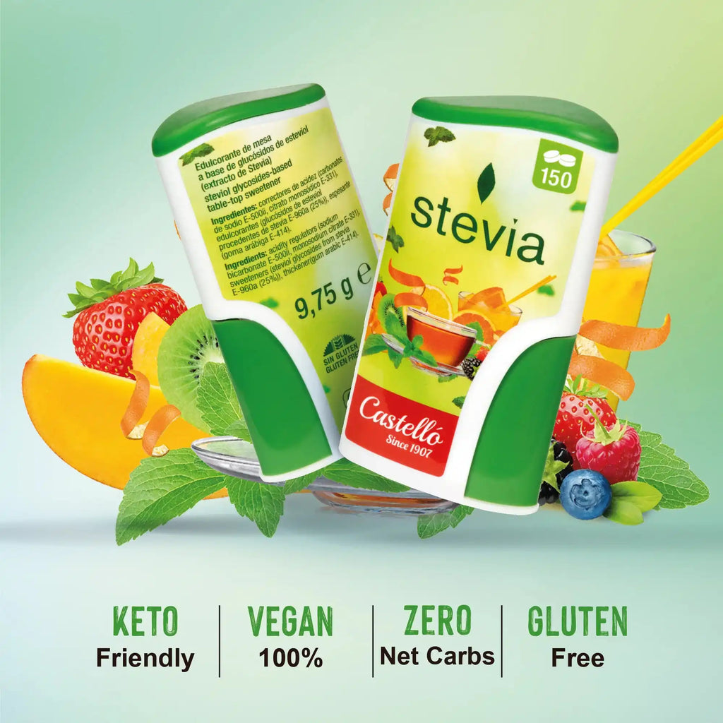 Dispensador de edulcorante en pastillas Castelló Stevia de 150 comprimidos sin gluten y apto para dieta keto, diseñado como sustituto del azúcar sin calorías para endulzar cafés, tés o frutas, con fondo publicitario de frutas frescas.