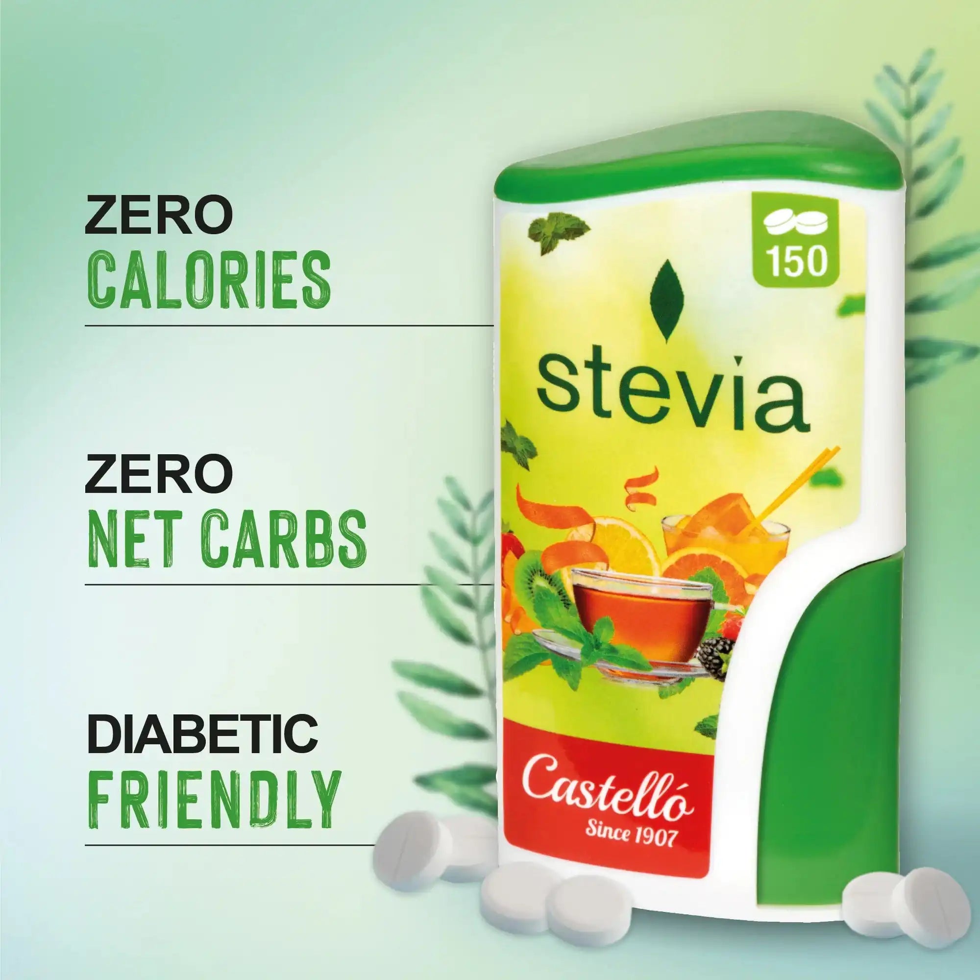 Edulcorante en comprimidos Castelló Stevia de 150 pastillas, un sustituto del azúcar apto para diabéticos, con cero calorías y cero carbohidratos netos, ideal para endulzar de forma saludable cafés e infusiones.