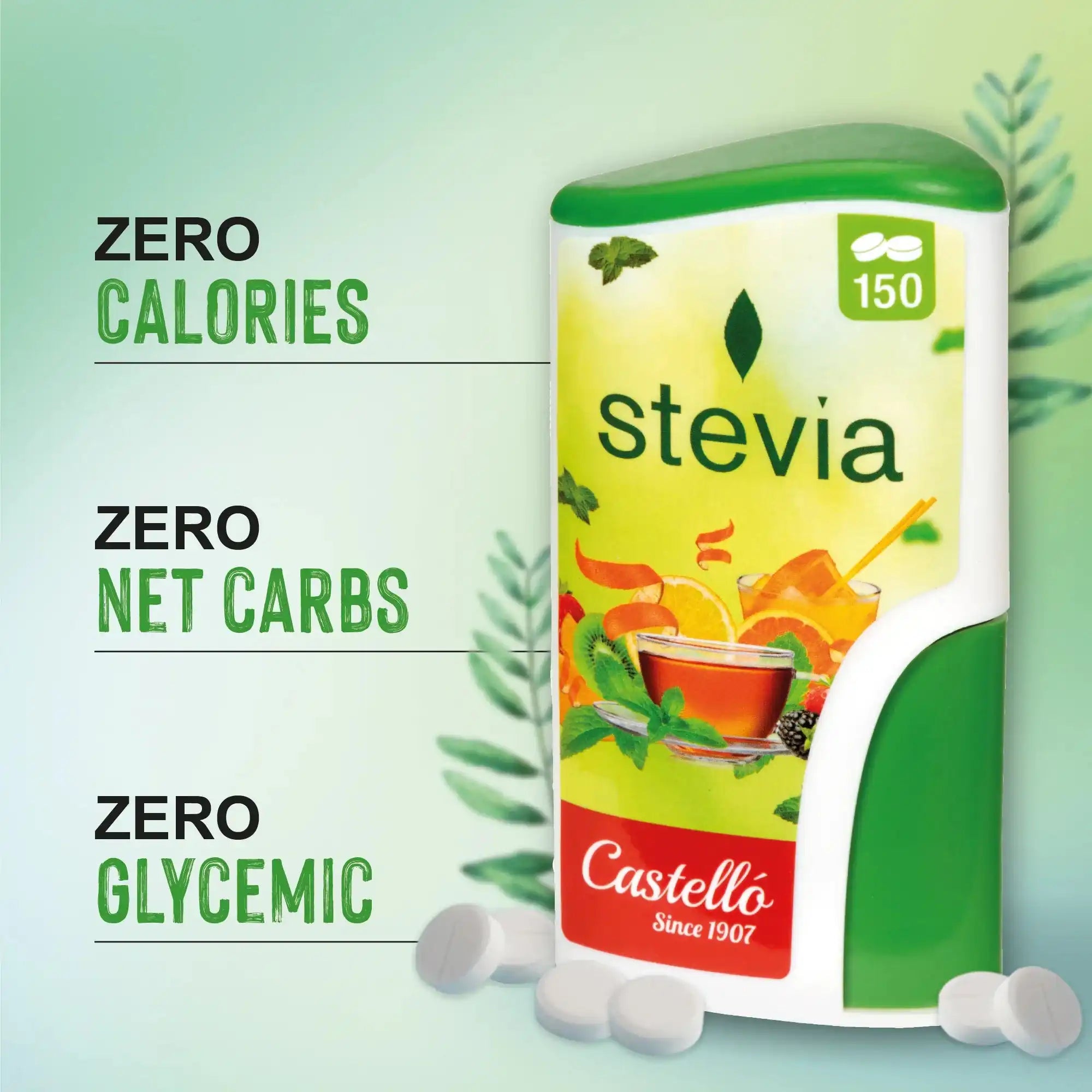 Edulcorante en comprimidos Castelló Stevia de 150 pastillas, un sustituto del azúcar apto para diabéticos, con cero calorías y cero carbohidratos netos, ideal para endulzar de forma saludable cafés e infusiones.