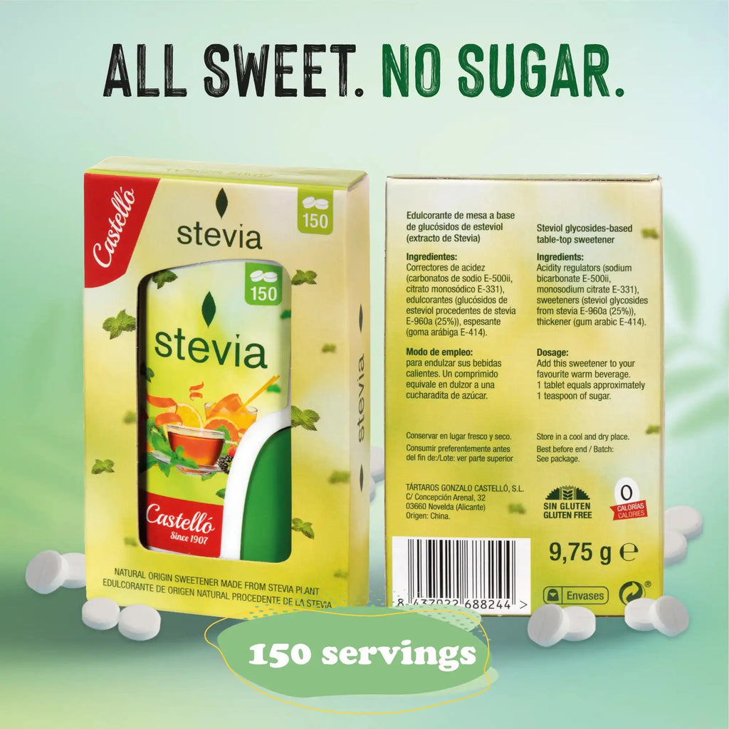 Caja y dispensador de edulcorante en pastillas Castelló Stevia de 150 comprimidos sin azúcar y sin gluten, ideal como sustituto saludable del azúcar para endulzar cafés, tés e infusiones con cero calorías.