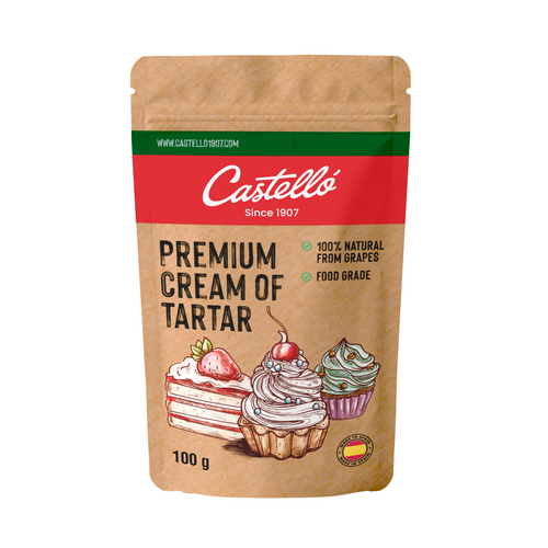 Bolsa doypack de cremor tártaro Castelló, 100 g, color marrón con franja verde y roja