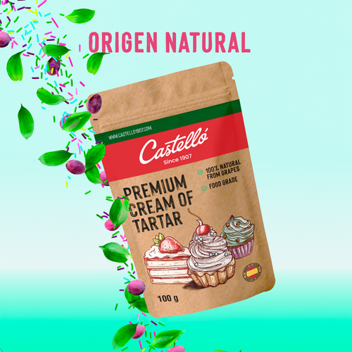 Bolsa doypack de cremor tártaro Castelló, 100 g, con franja verde y roja