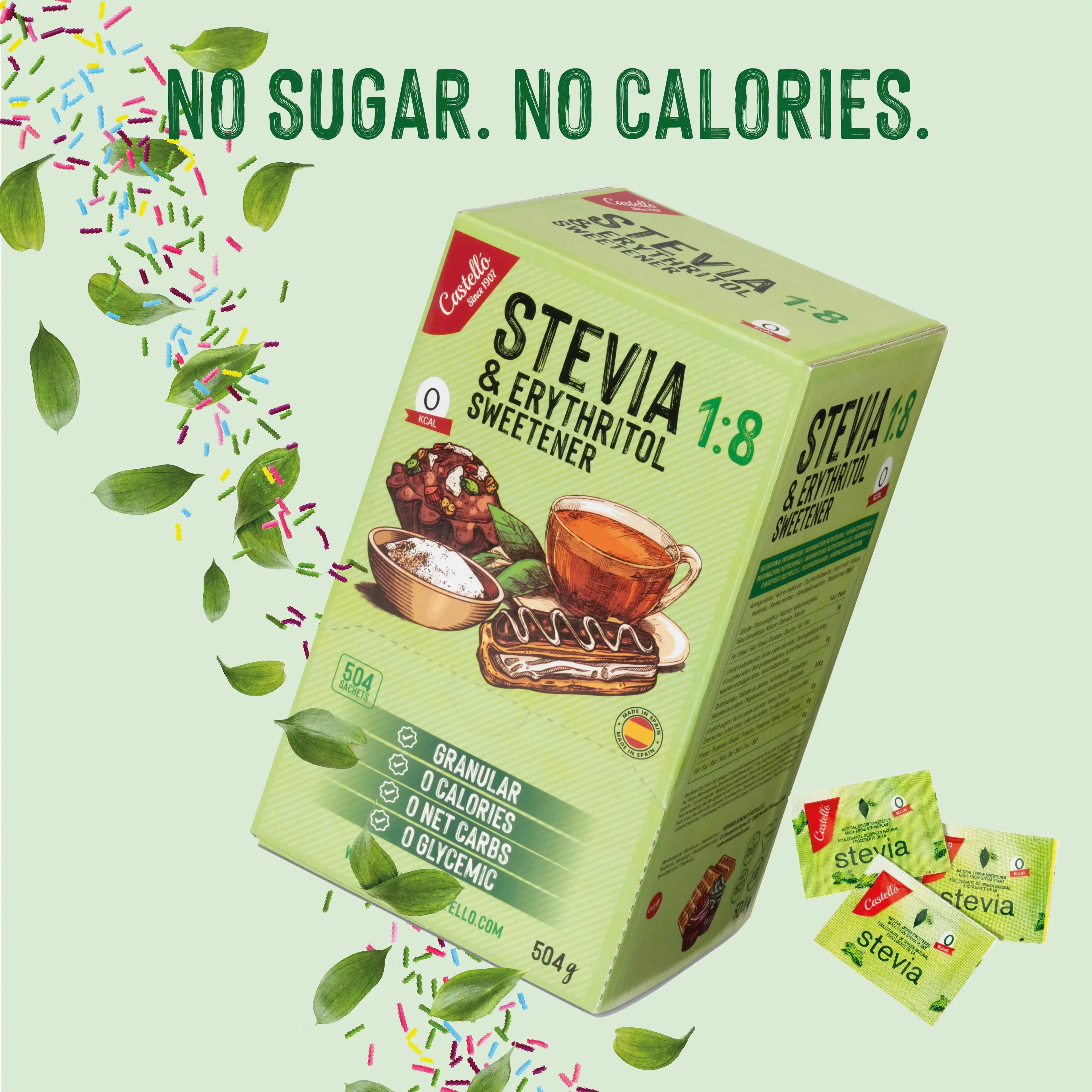 Banner publicitario de la caja de 504g y sobres individuales de Stevia y Eritritol 1:8 Castelló con el lema No sugar No calories.