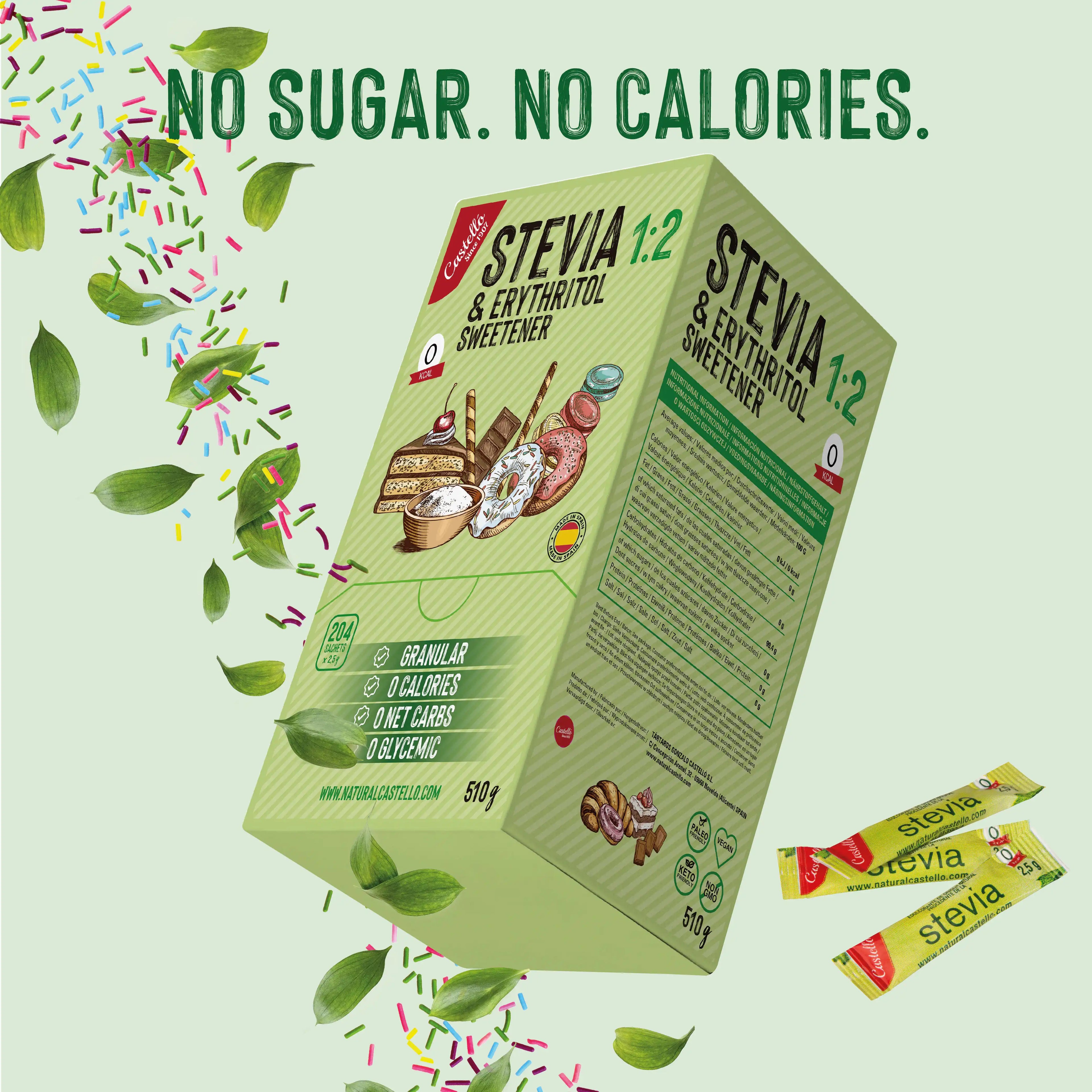 Caja y sobres individuales de edulcorante Stevia 1:2 marca Castelló rodeados de hojas verdes y virutas de colores flotando.