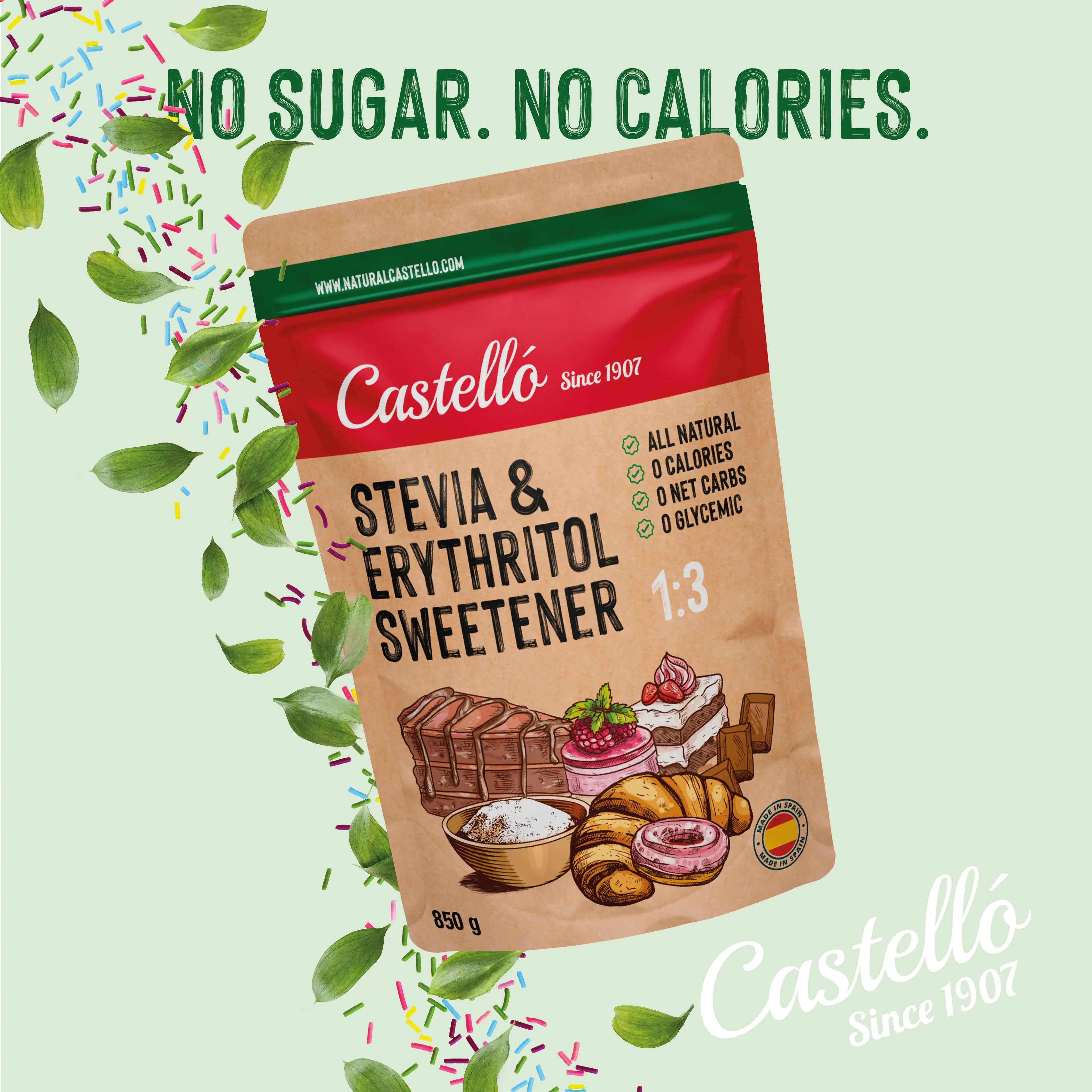 Banner publicitario de la bolsa de Stevia y Eritritol 1:3 Castelló con el lema No sugar No calories.