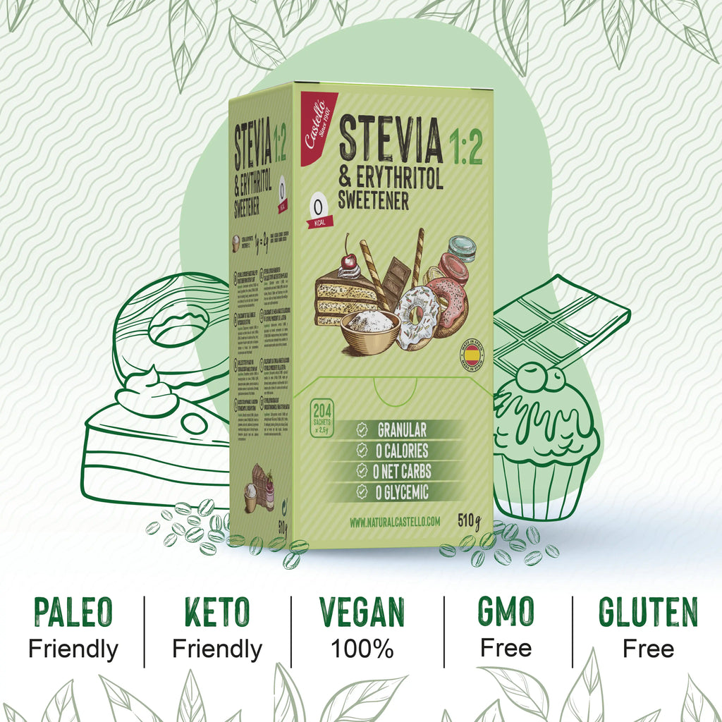 Caja con 204 sobres de edulcorante Stevia y Eritritol 1:2 Castelló, apto para dietas keto, paleo y vegana.
