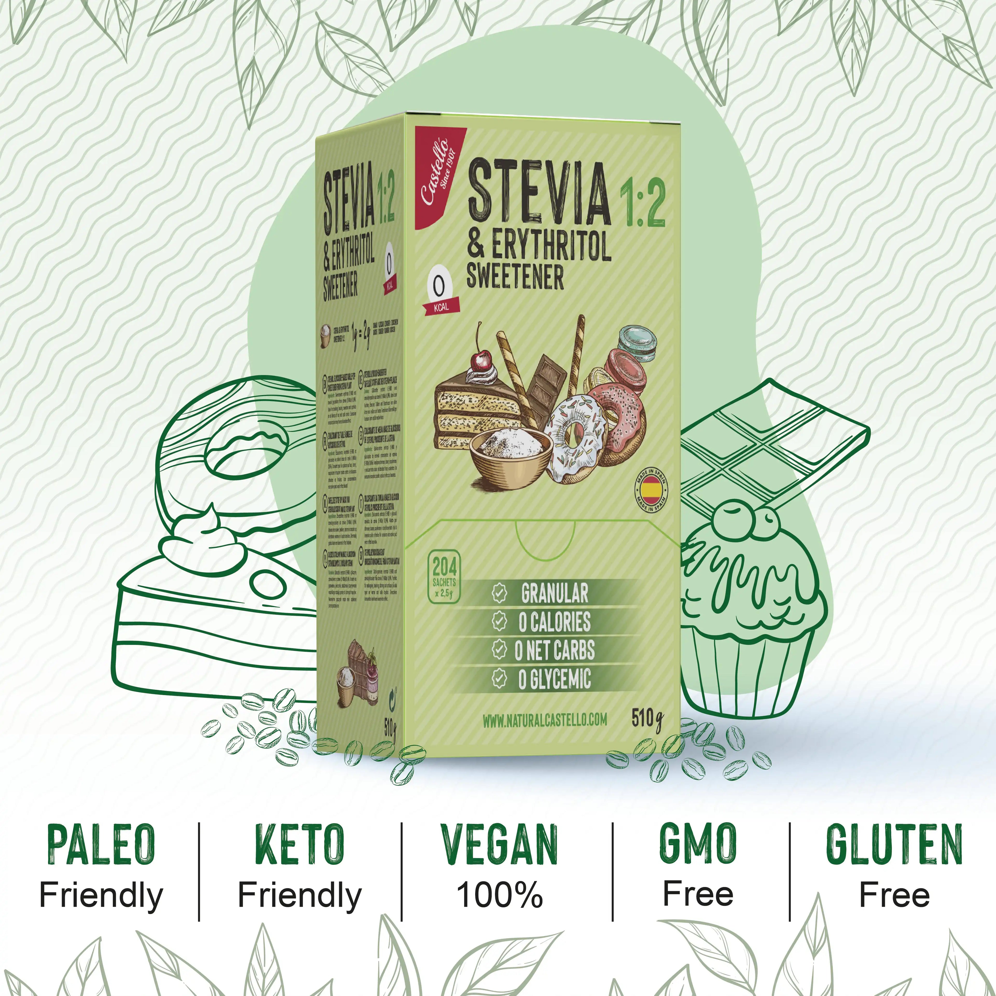 Caja con 204 sobres de edulcorante Stevia y Eritritol 1:2 Castelló, apto para dietas keto, paleo y vegana.