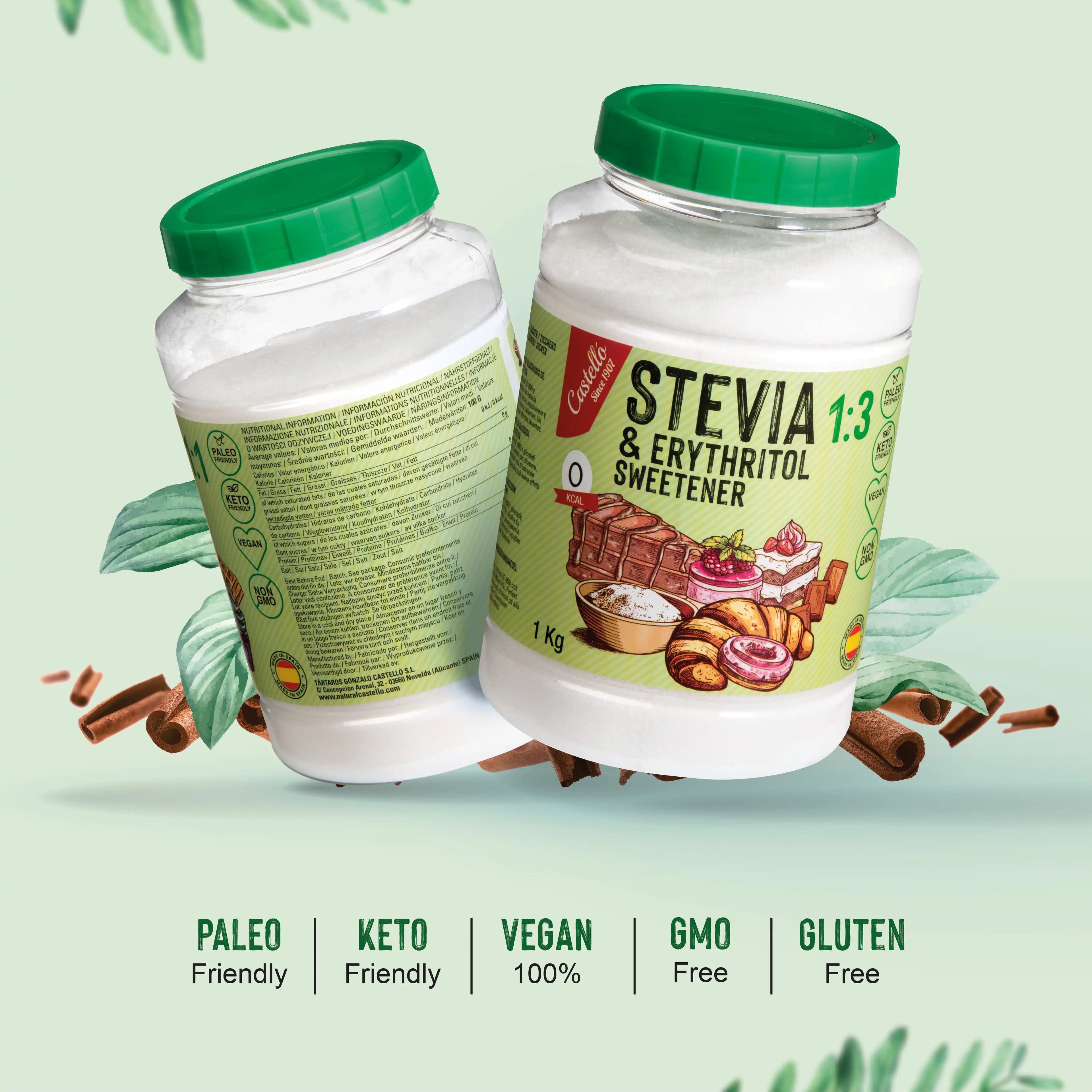 Botes de edulcorante Stevia 1:3 marca Castelló con sellos informativos Paleo, Keto, Vegano, sin OMG y sin gluten.