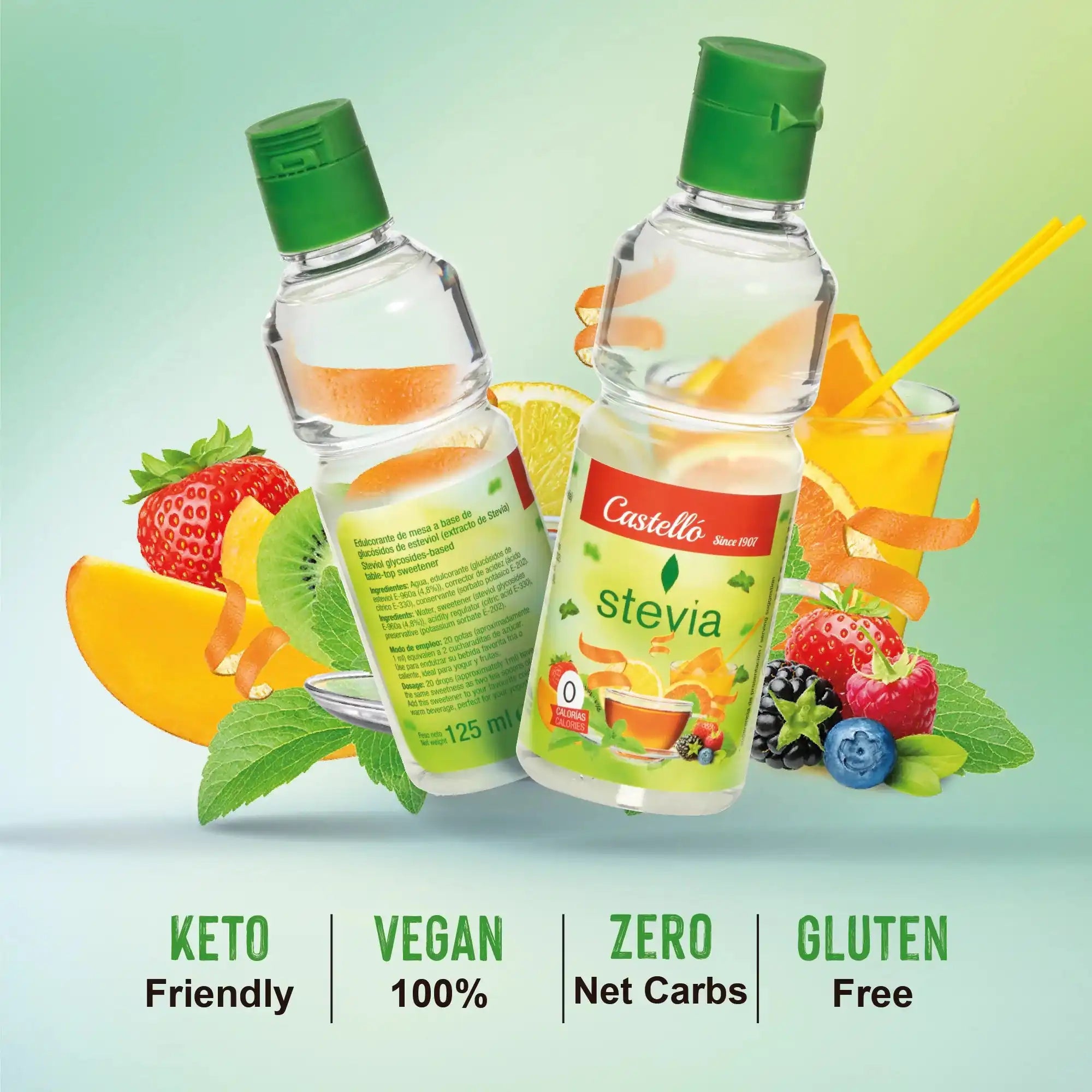 Publicité d'édulcorant liquide Castelló Stevia avec images de fruits frais. Comprend des étiquettes mettant en avant qu'il convient au régime céto, 100% végan, sans glucides nets et sans gluten.