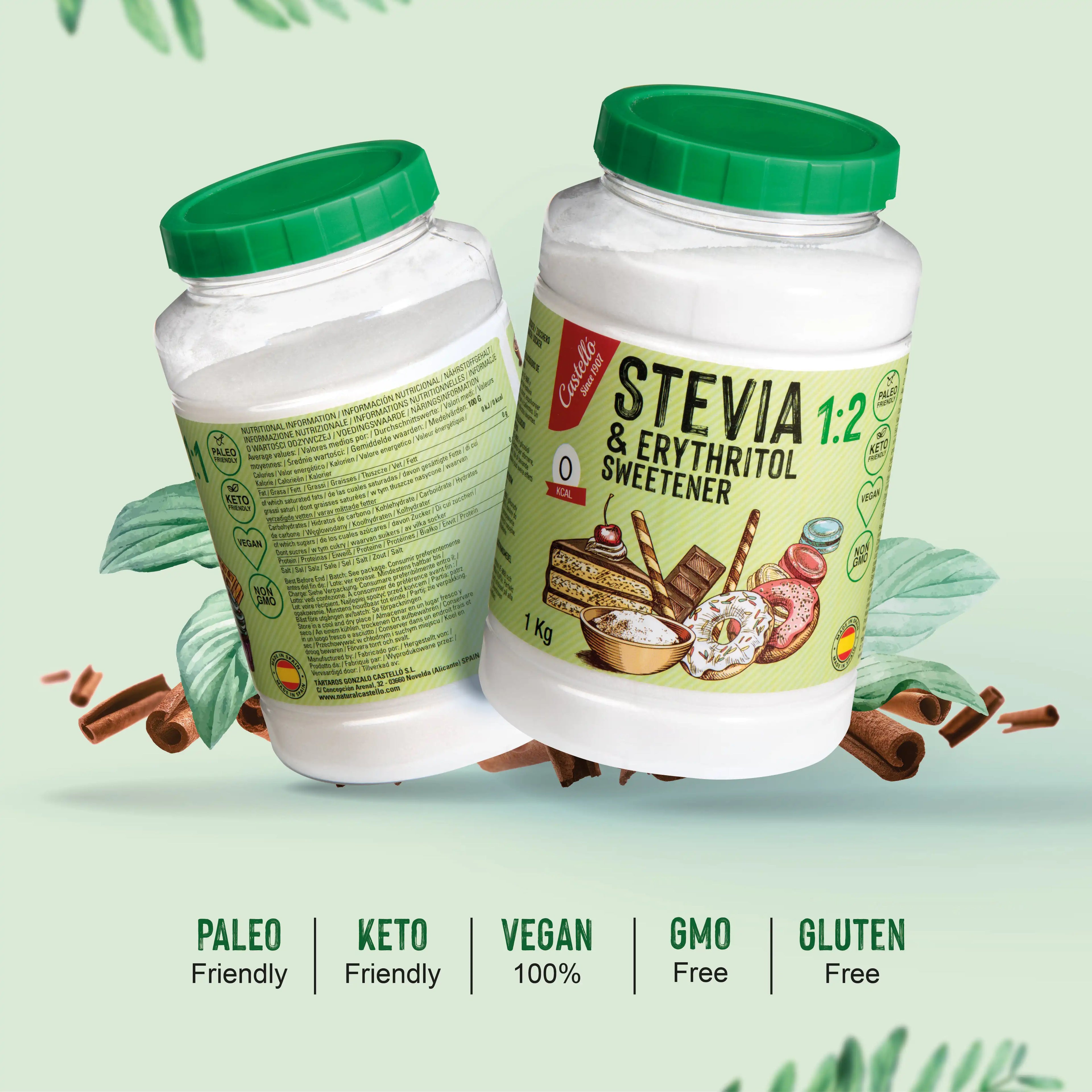 Botes de edulcorante Stevia 1:2 marca Castelló con etiquetas informativas Paleo, Keto, Vegano, sin OMG y sin gluten.