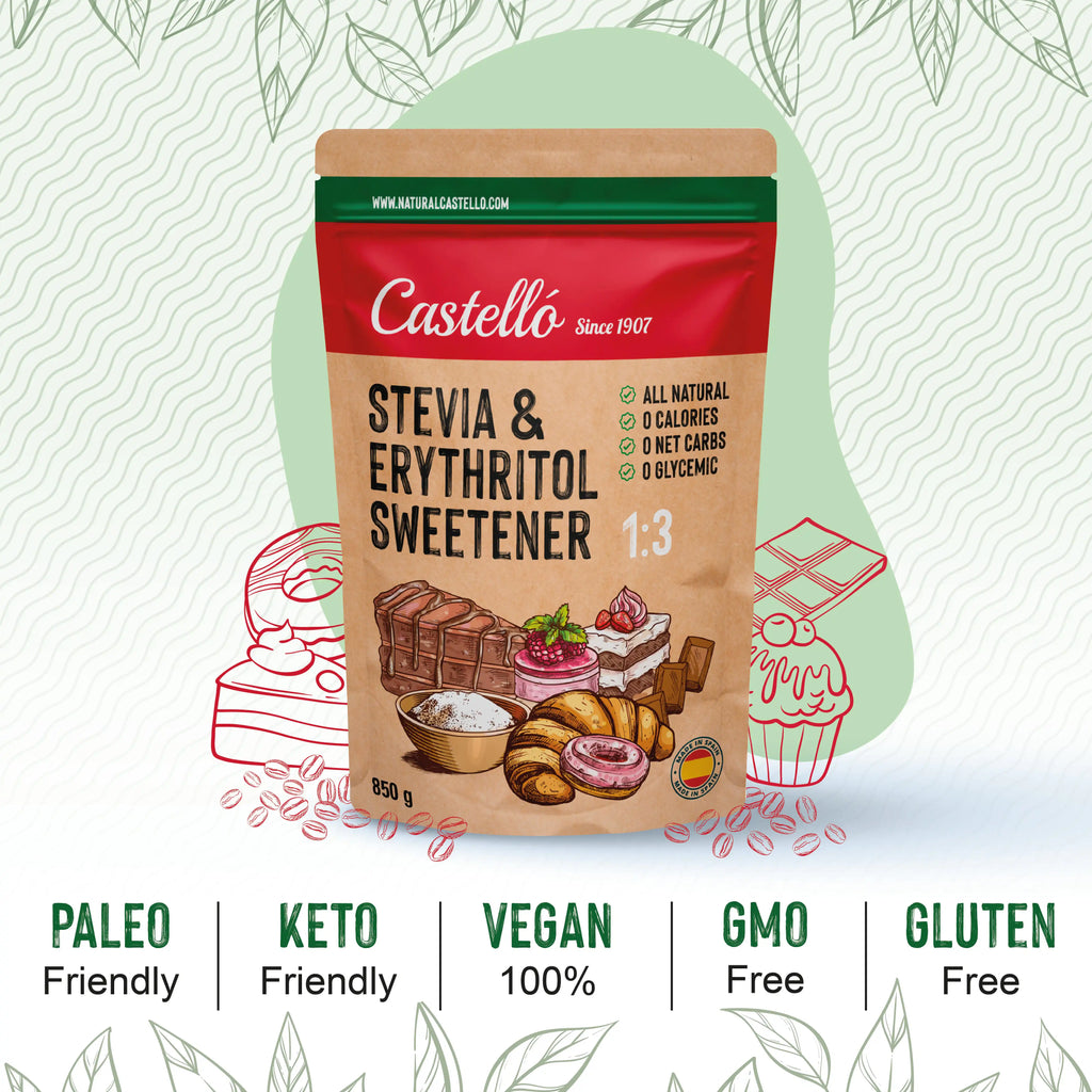 Bolsa de 850g de Stevia y Eritritol 1:3 marca Castelló con sellos informativos Paleo, Keto, Vegano y Gluten Free.