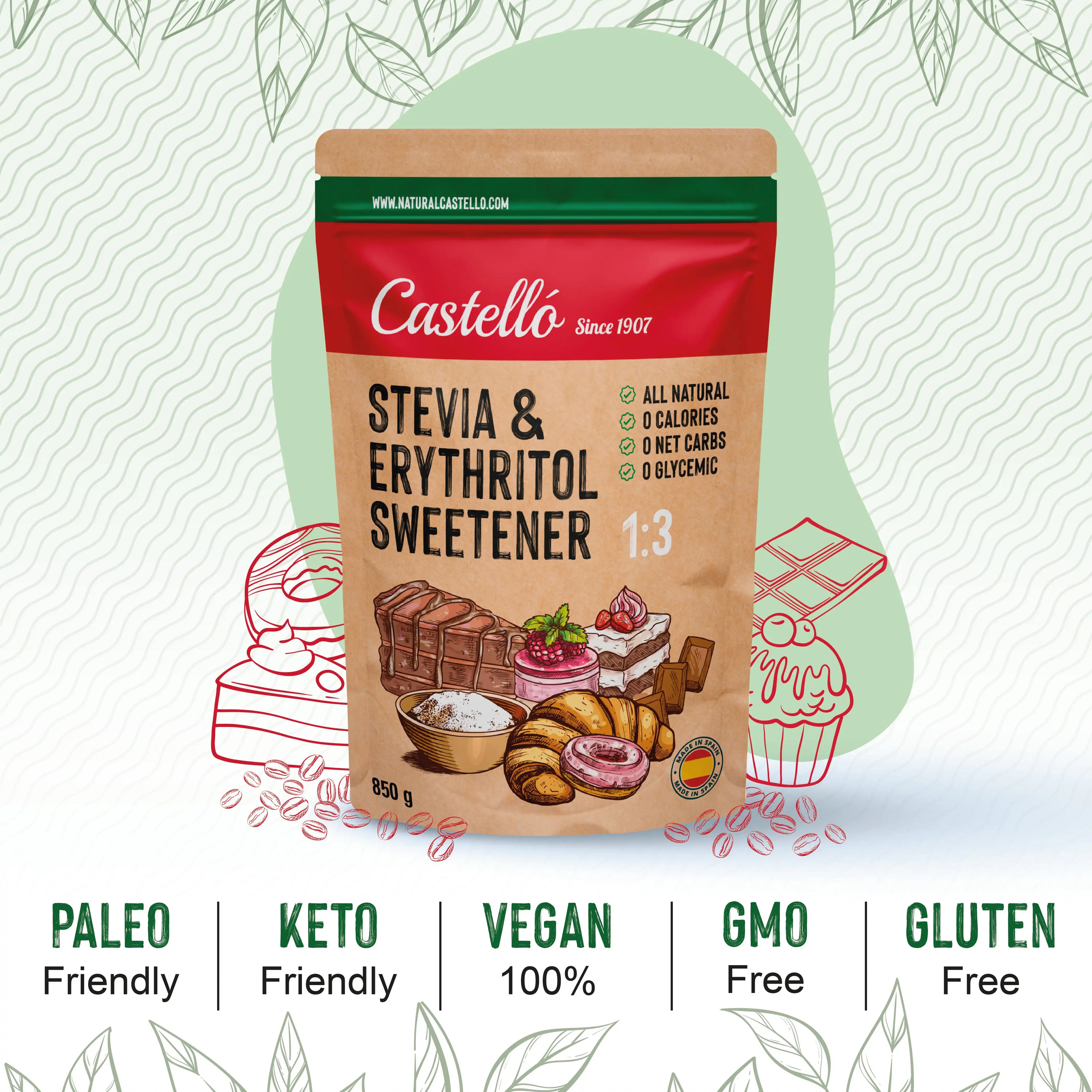 Bolsa de 850g de Stevia y Eritritol 1:3 marca Castelló con sellos informativos Paleo, Keto, Vegano y Gluten Free.