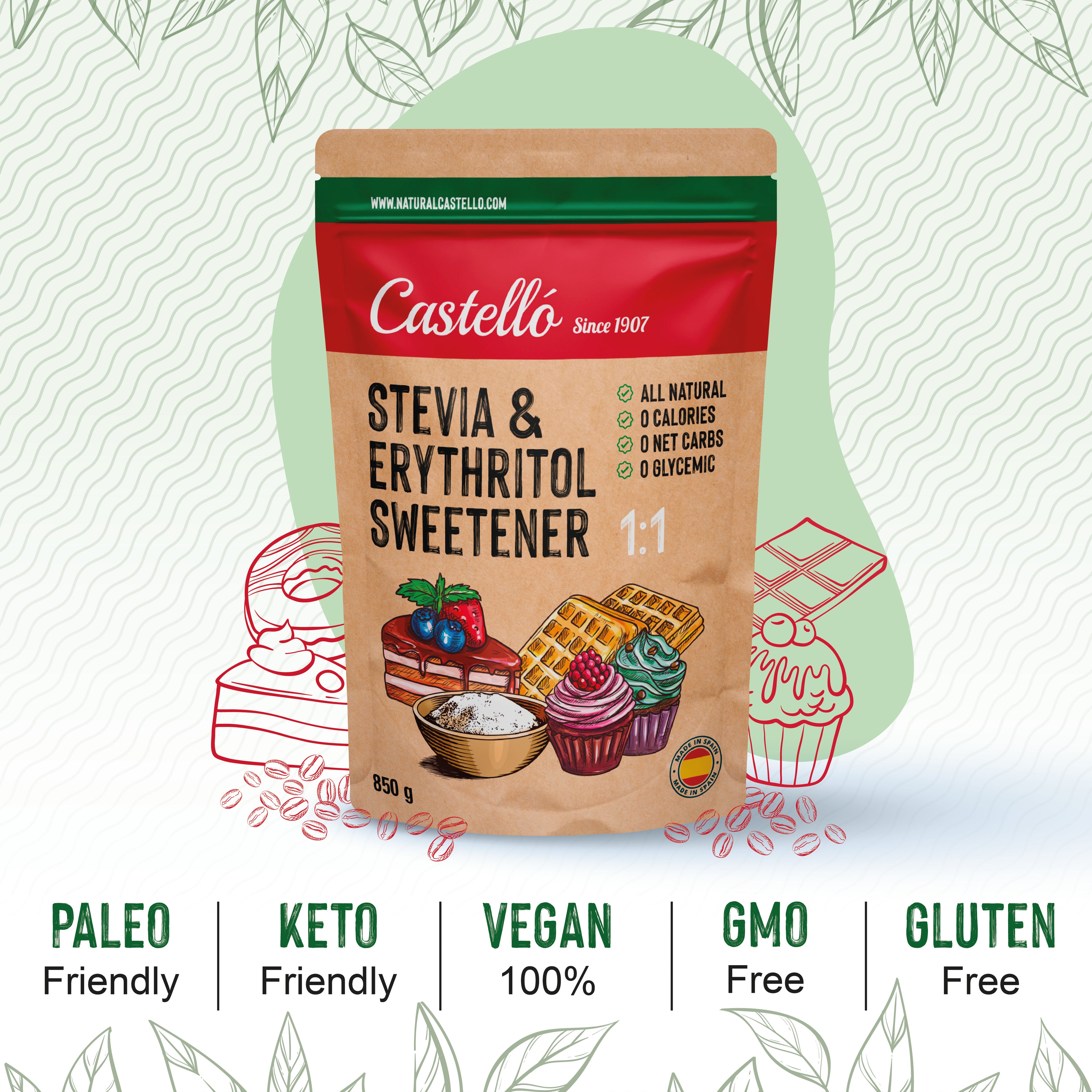 Stevia + Eritritol 1:1 (850 g) - Sustitución Directa y Natural