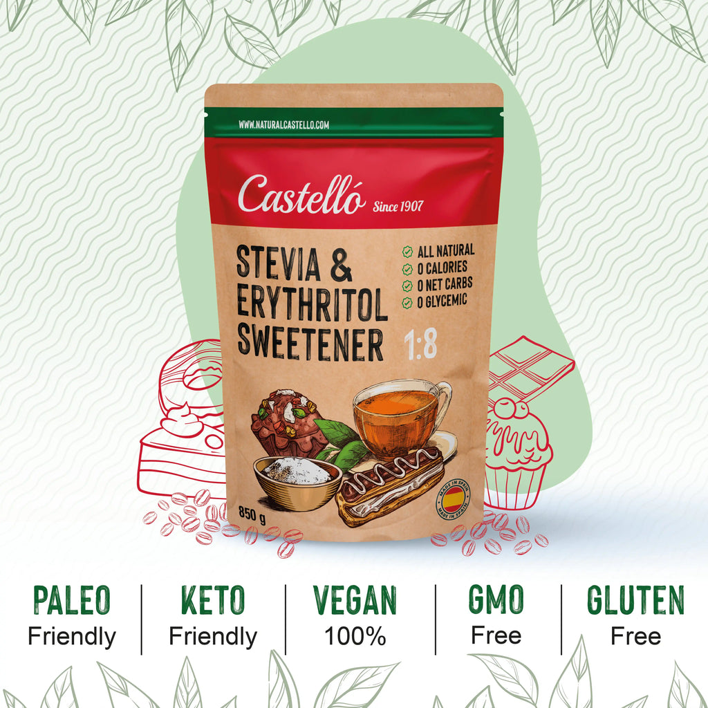 Edulcorante Stevia y Eritritol 1:8 Castelló de 850g, apto para dietas paleo, keto, vegana y sin gluten.