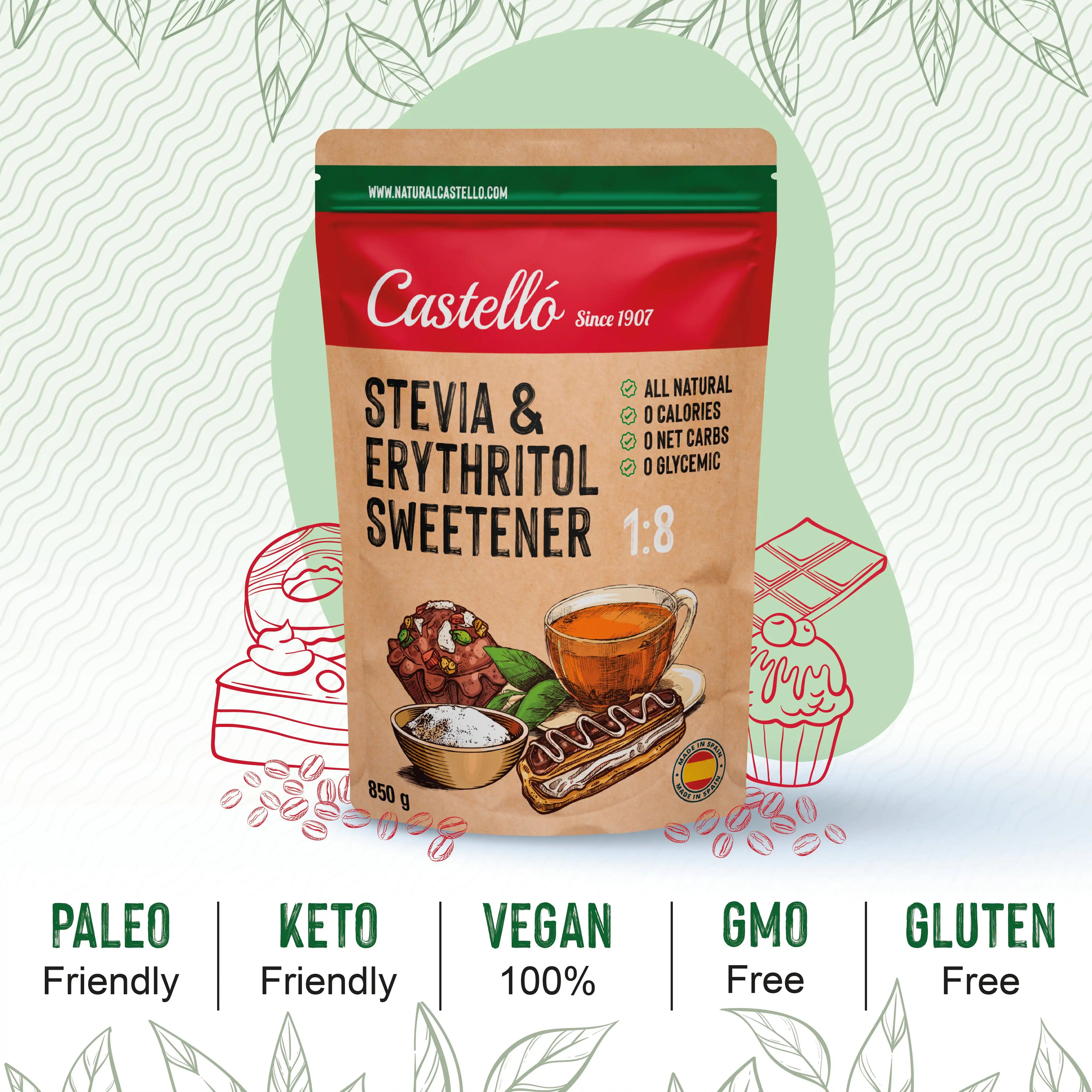 Edulcorante Stevia y Eritritol 1:8 Castelló de 850g, apto para dietas paleo, keto, vegana y sin gluten.