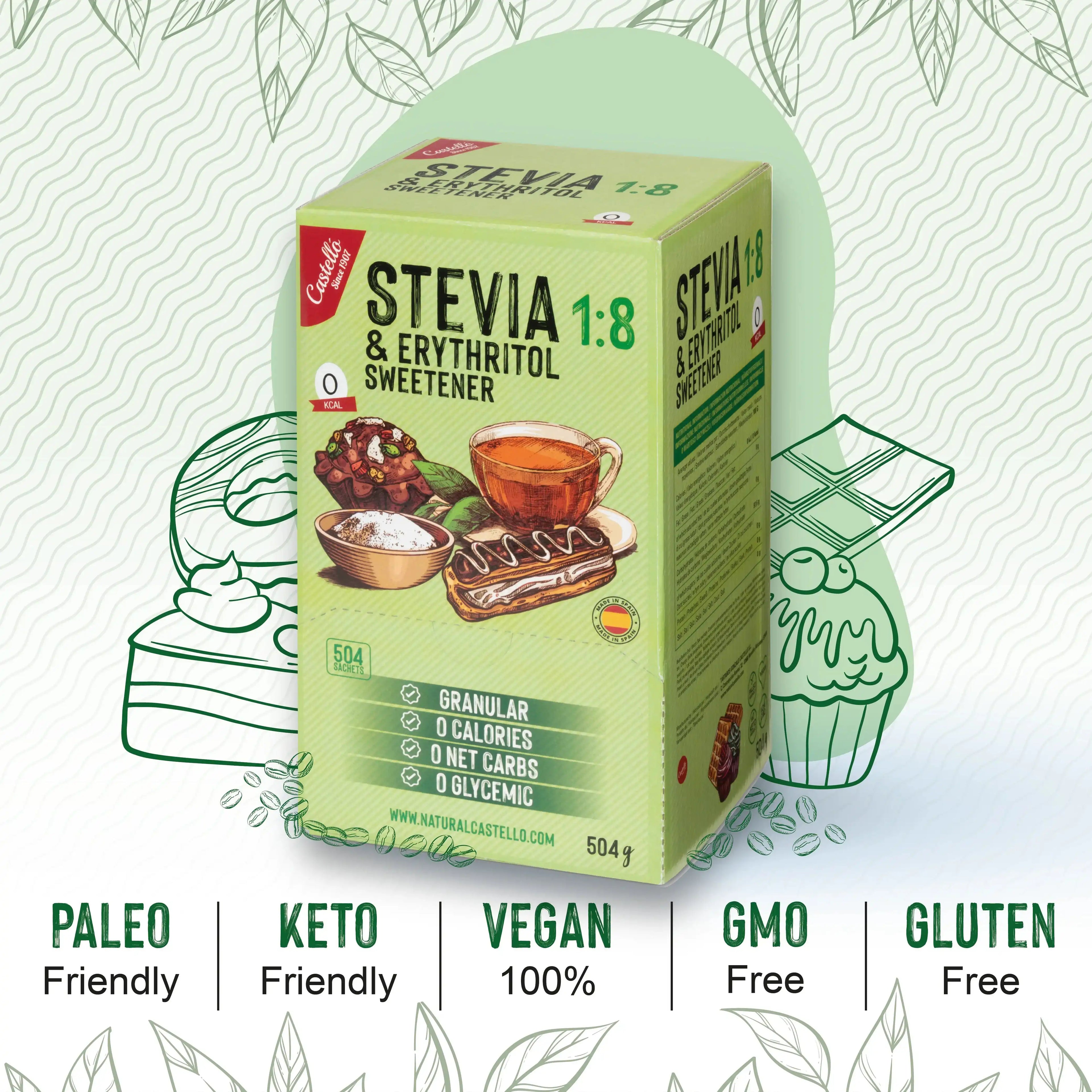 Caja de 504g de sobres de Stevia y Eritritol 1:8 marca Castelló con sellos informativos Paleo, Keto, Vegano y Gluten Free.