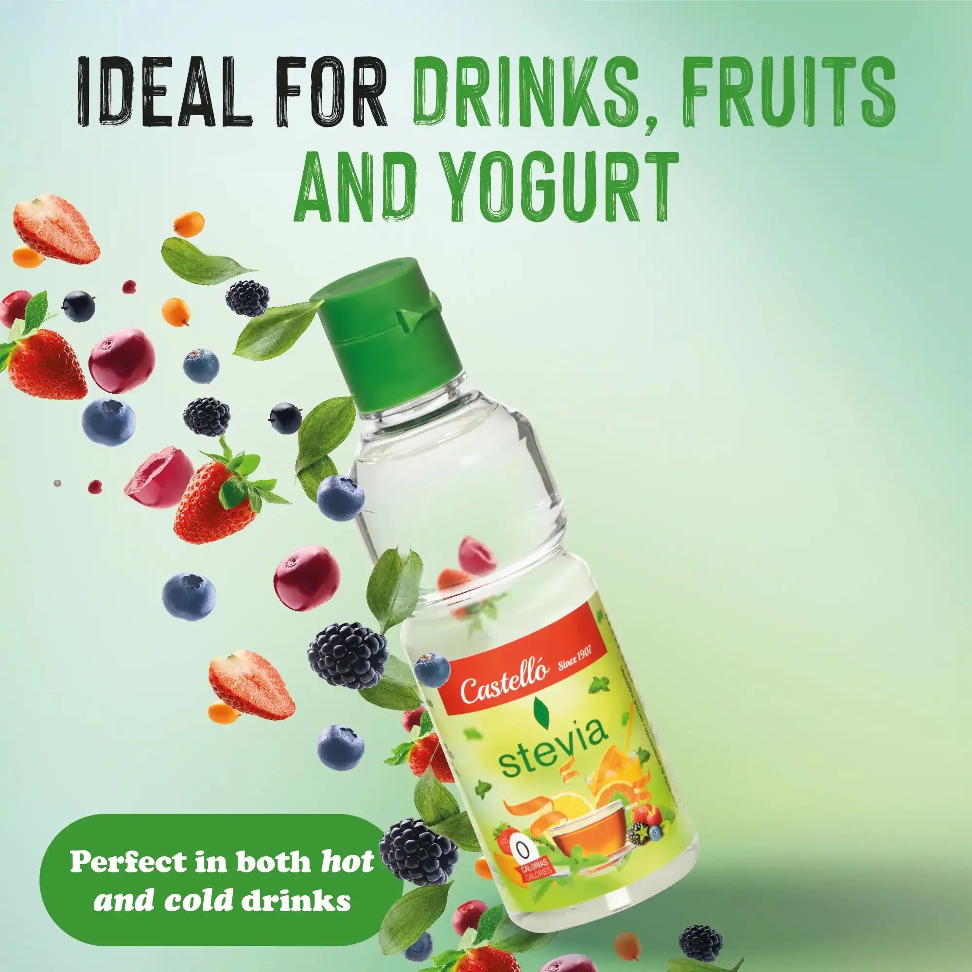 Image publicitaire du édulcorant liquide Castelló Stevia entouré de fruits flottants. En haut figure le slogan en anglais "IDEAL FOR DRINKS, FRUITS AND YOGURT", et une étiquette inférieure souligne qu'il est parfait pour les boissons froides comme chaudes.