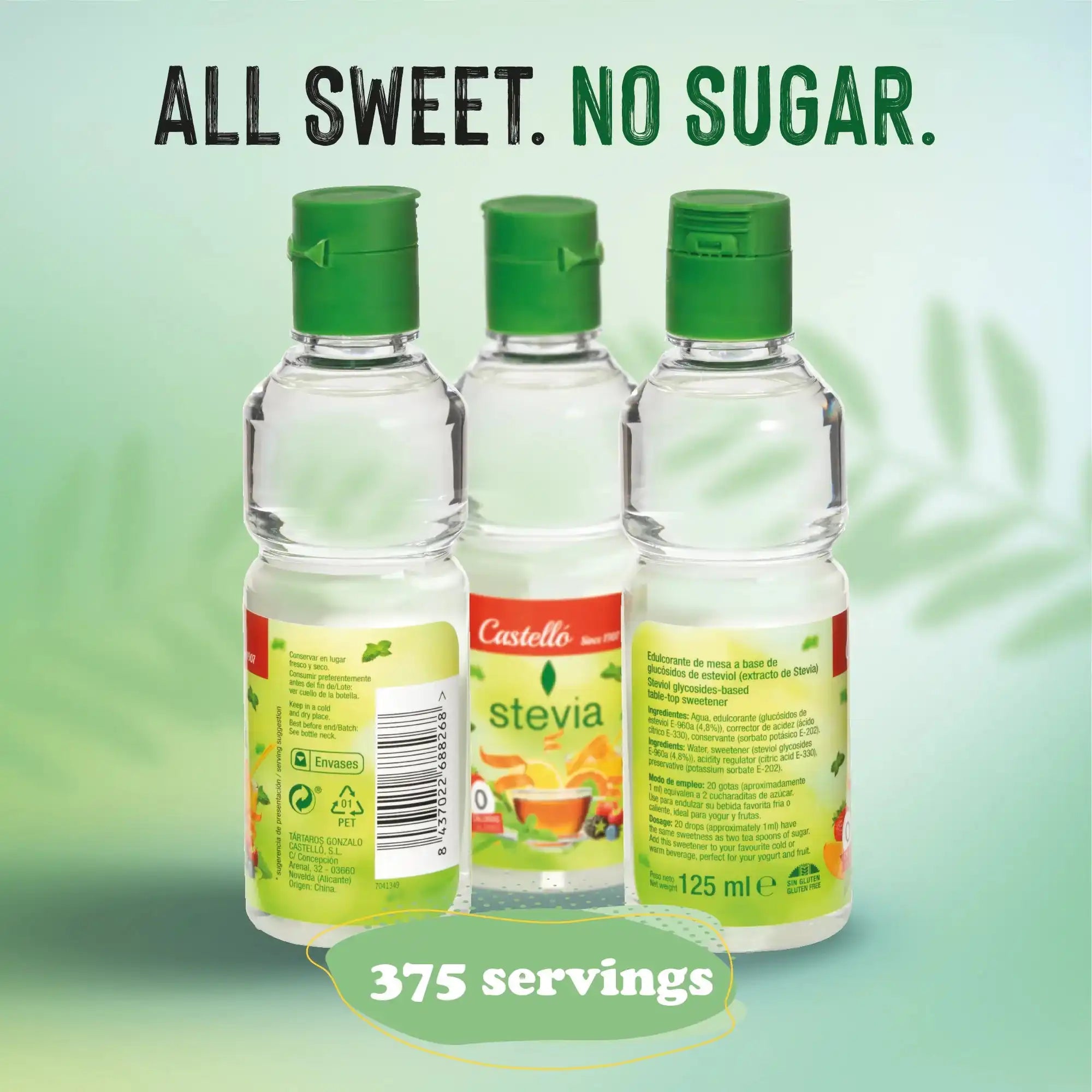 Image publicitaire de trois bouteilles d'édulcorant liquide Castelló Stevia. En haut, la devise « ALL SWEET. NO SUGAR. » et en bas, « 375 servings » (375 portions). Fond vert avec motifs végétaux.