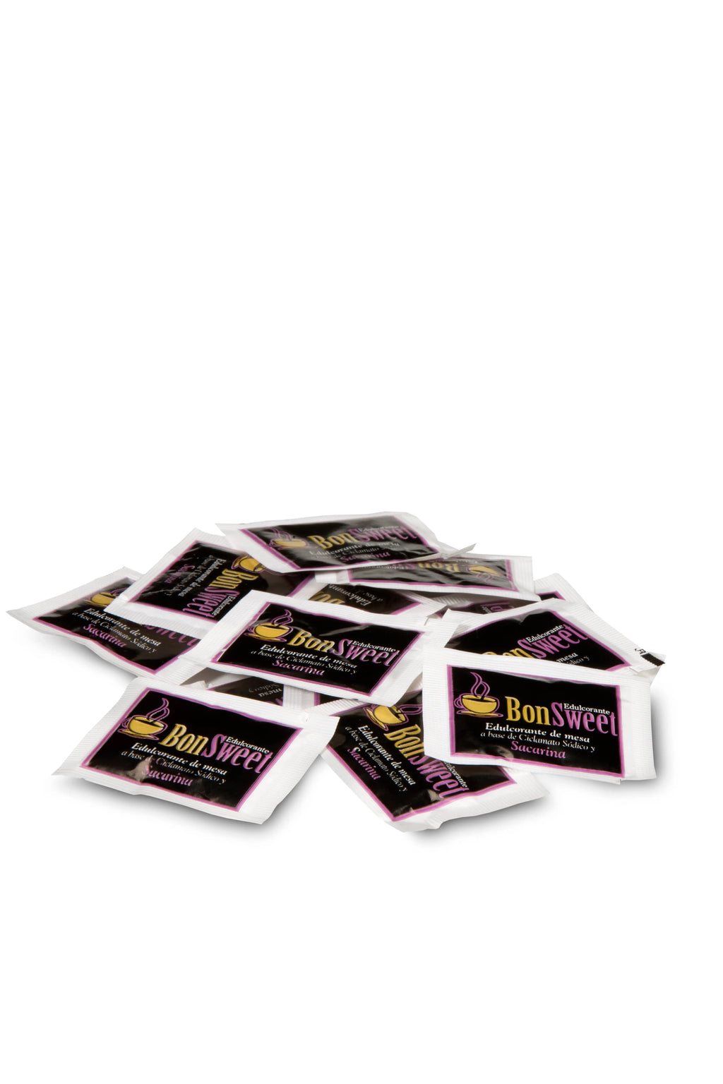 Montón de sobres individuales de edulcorante BonSweet Sacarina sobre fondo blanco, ideales como sustituto del azúcar en hostelería y cafeterías para endulzar de forma rápida café, té o infusiones.