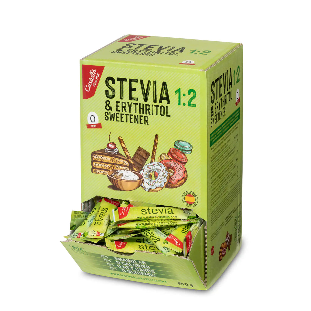 Caja dispensadora de 510g con sobres individuales de edulcorante Stevia y Eritritol 1:2 Castelló.
