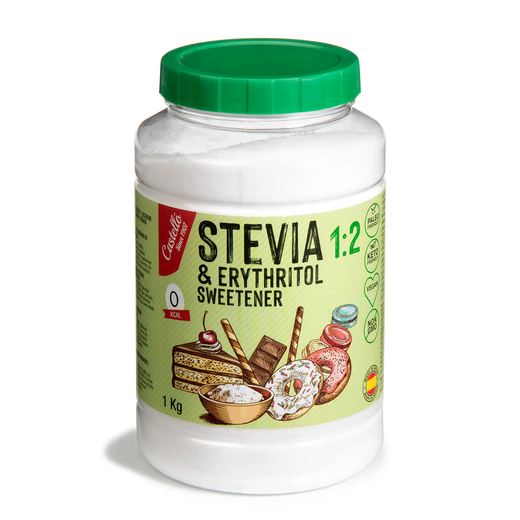 Bote de 1 kg de edulcorante Stevia y Eritritol 1:2 de la marca Castelló.