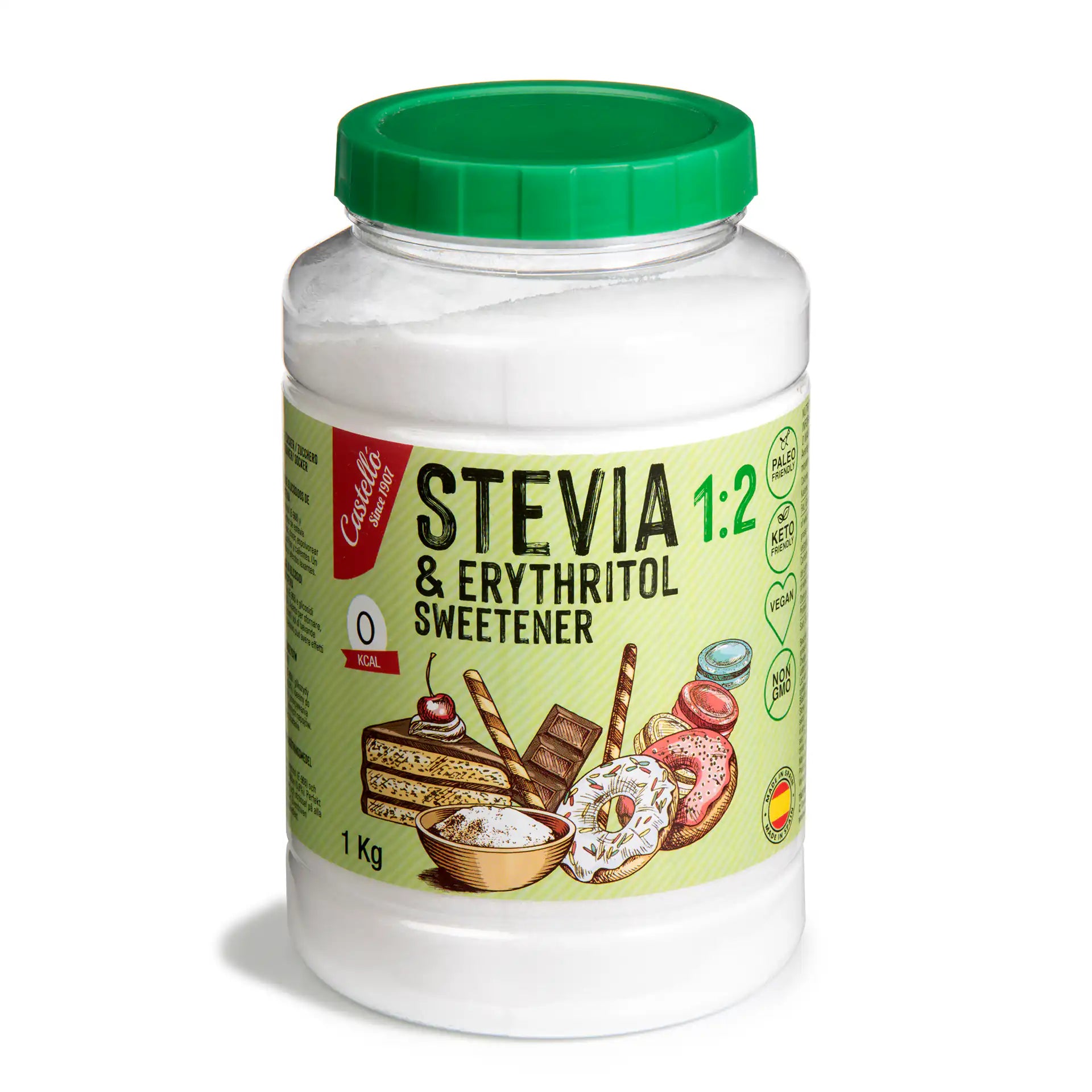 Bote de 1 kg de edulcorante Stevia y Eritritol 1:2 de la marca Castelló.