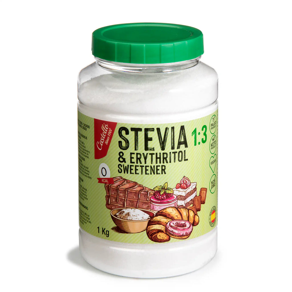Envase de Stevia y Eritritol 1:3 Castelló de 1 kg con 0 kcal y sellos de certificación keto y vegano.
