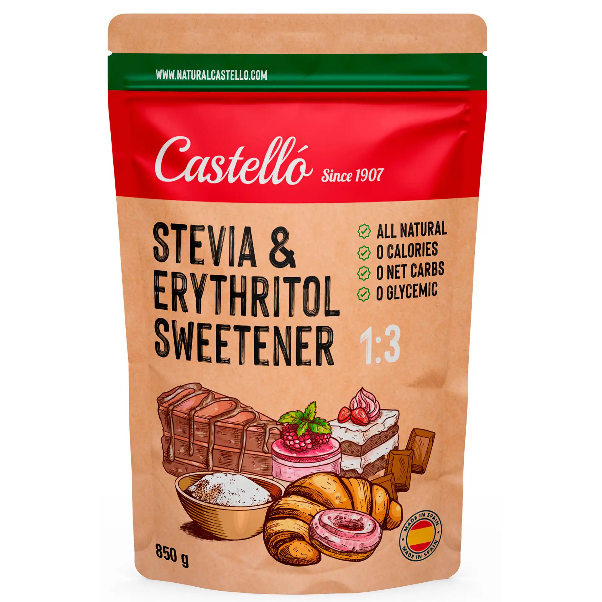 Bolsa de 850g de edulcorante Stevia y Eritritol 1:3 de la marca Castelló.
