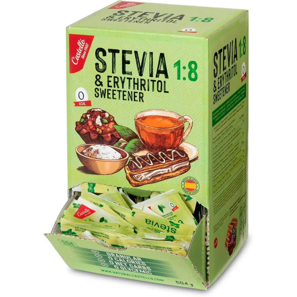 Caja dispensadora de 504g con sobres individuales de edulcorante Stevia y Eritritol 1:8 Castelló.