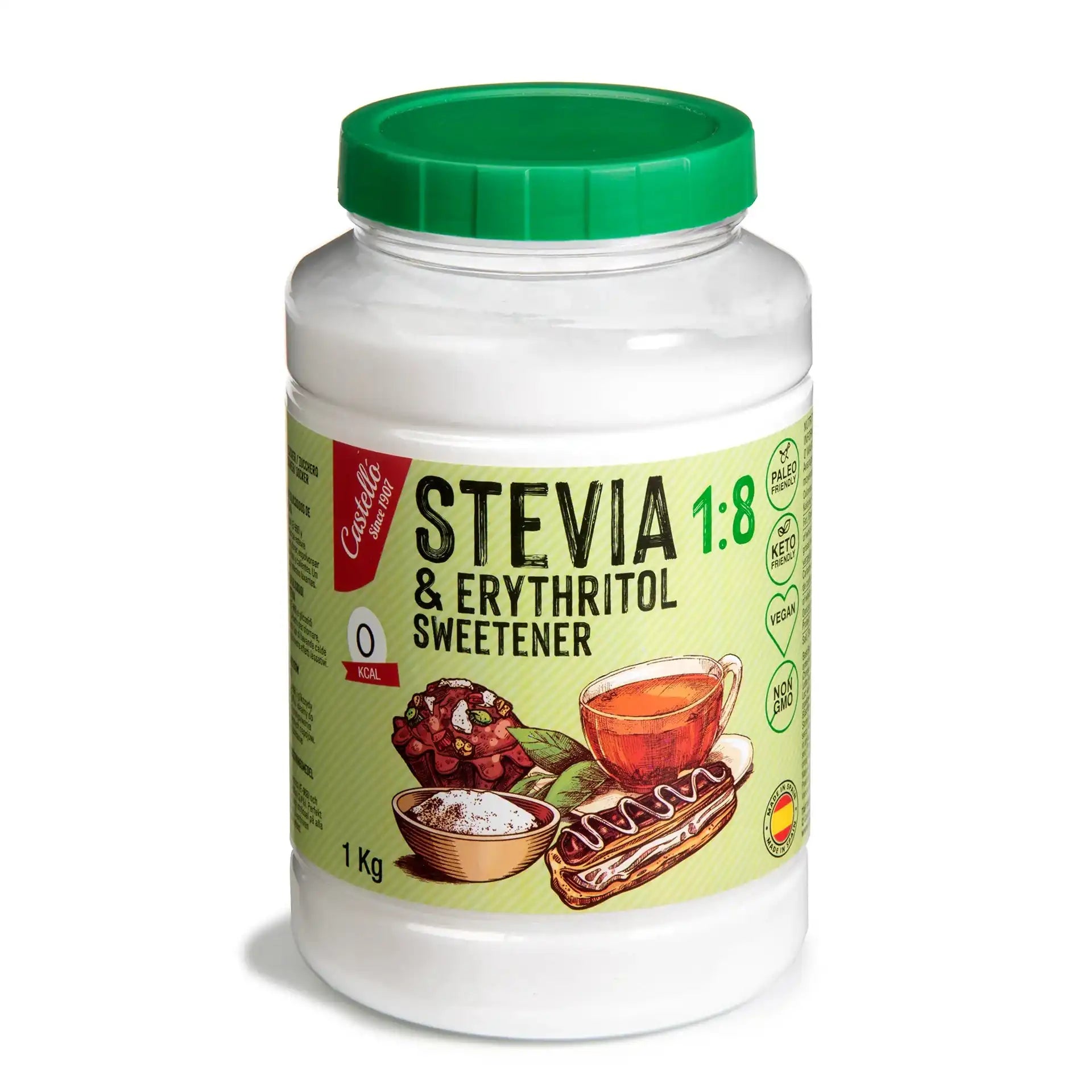 Envase de Stevia y Eritritol 1:8 Castelló de 1 kg con 0 kcal y sellos de certificación keto y vegano.