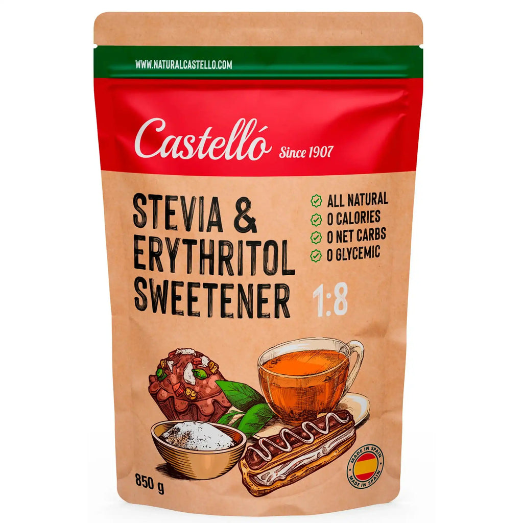 Bolsa de 850g de edulcorante Stevia y Eritritol 1:8 de la marca Castelló.