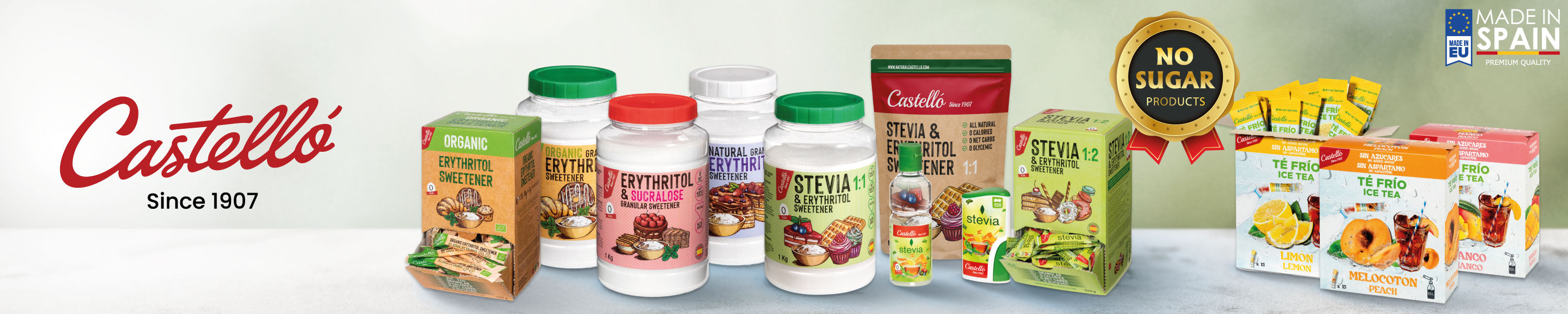 Gama de edulcorantes de eritritol, stevia y tés fríos de la marca Castelló Since 1907 con sello No Sugar y Made in Spain.
