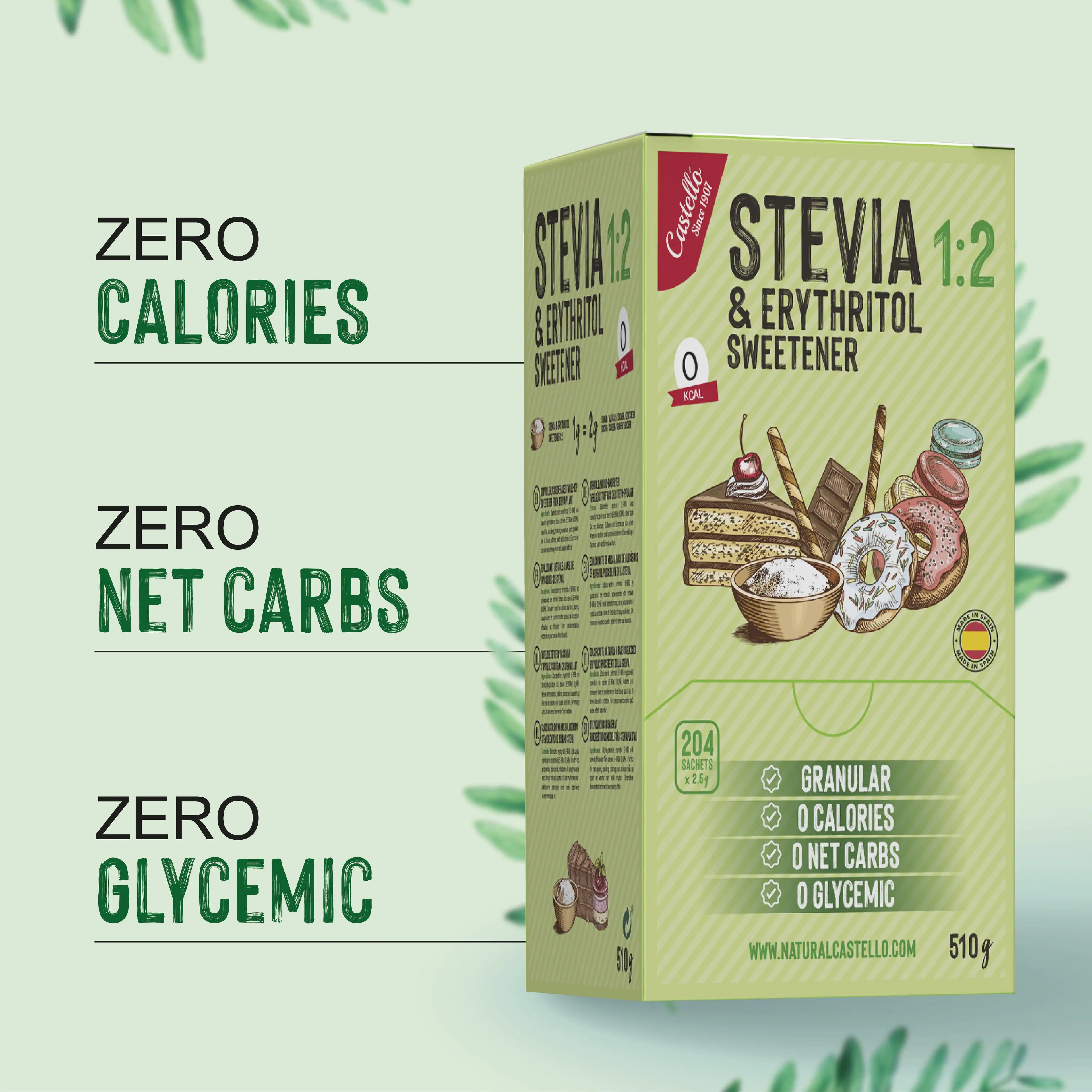 Infografía de edulcorante Stevia 1:2 Castelló en sobres con especificaciones nutricionales zero.
