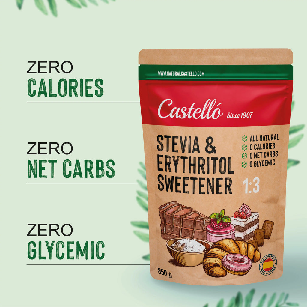 Bolsa de Stevia y Eritritol 1:3 Castelló destacando propiedades cero calorías, cero carbohidratos netos y cero índice glucémico.