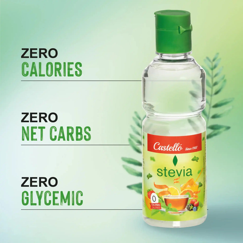 Flacon d'édulcorant Stévia liquide Castelló mettant en avant les propriétés zéro calorie, zéro glucides nets et zéro indice glycémique.