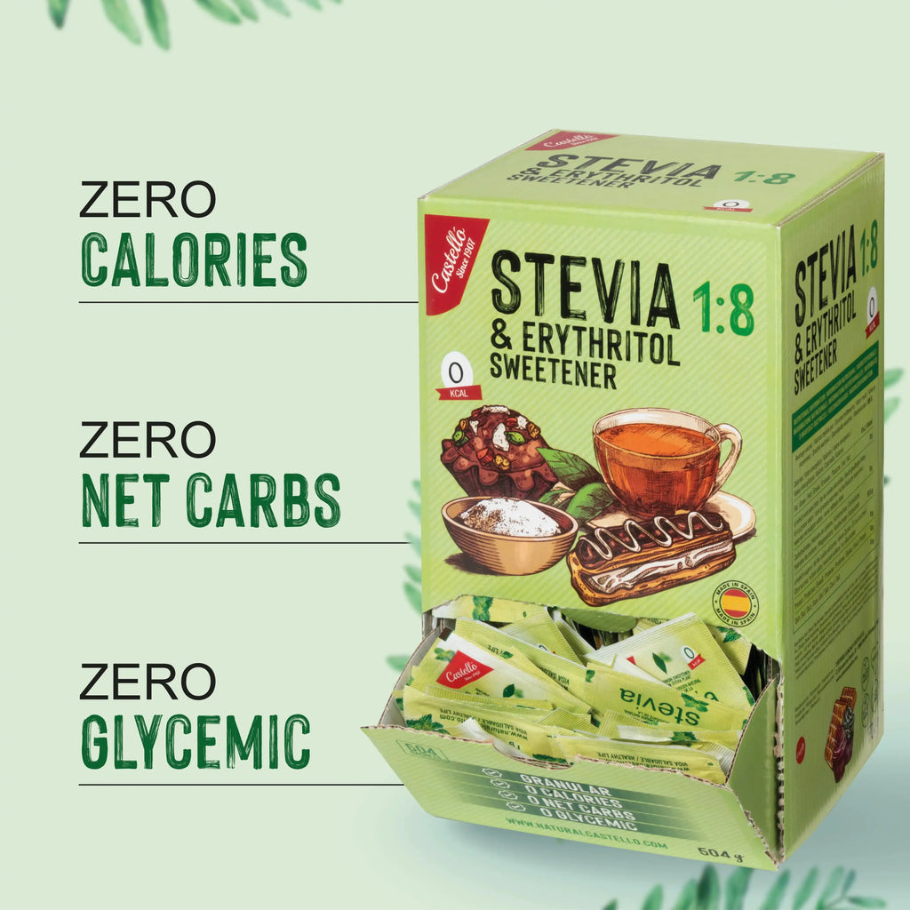 Caja dispensadora de Stevia y Eritritol 1:8 Castelló destacando propiedades cero calorías, cero carbohidratos netos y cero índice glucémico.