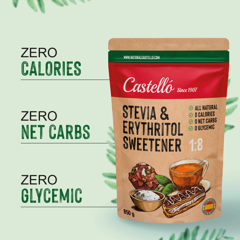 Infografía de edulcorante Stevia 1:8 marca Castelló en bolsa de 850g con especificaciones nutricionales zero.